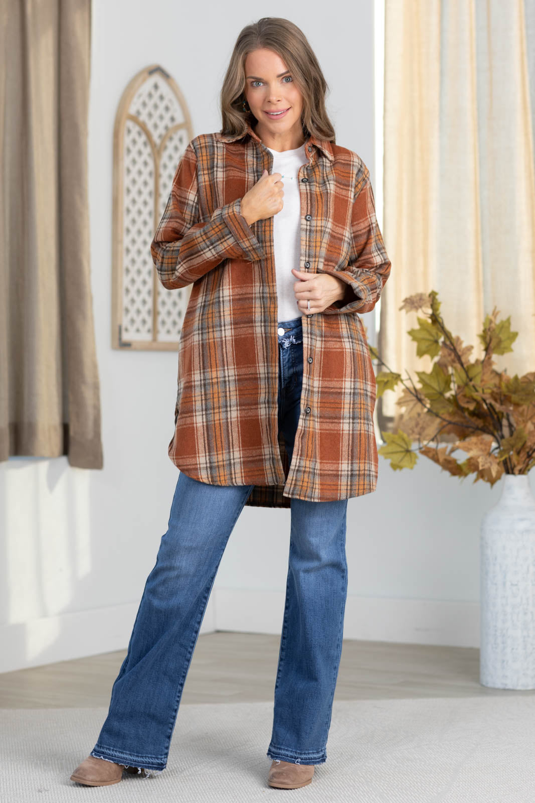 Long Plaid Button Down Flannel Top