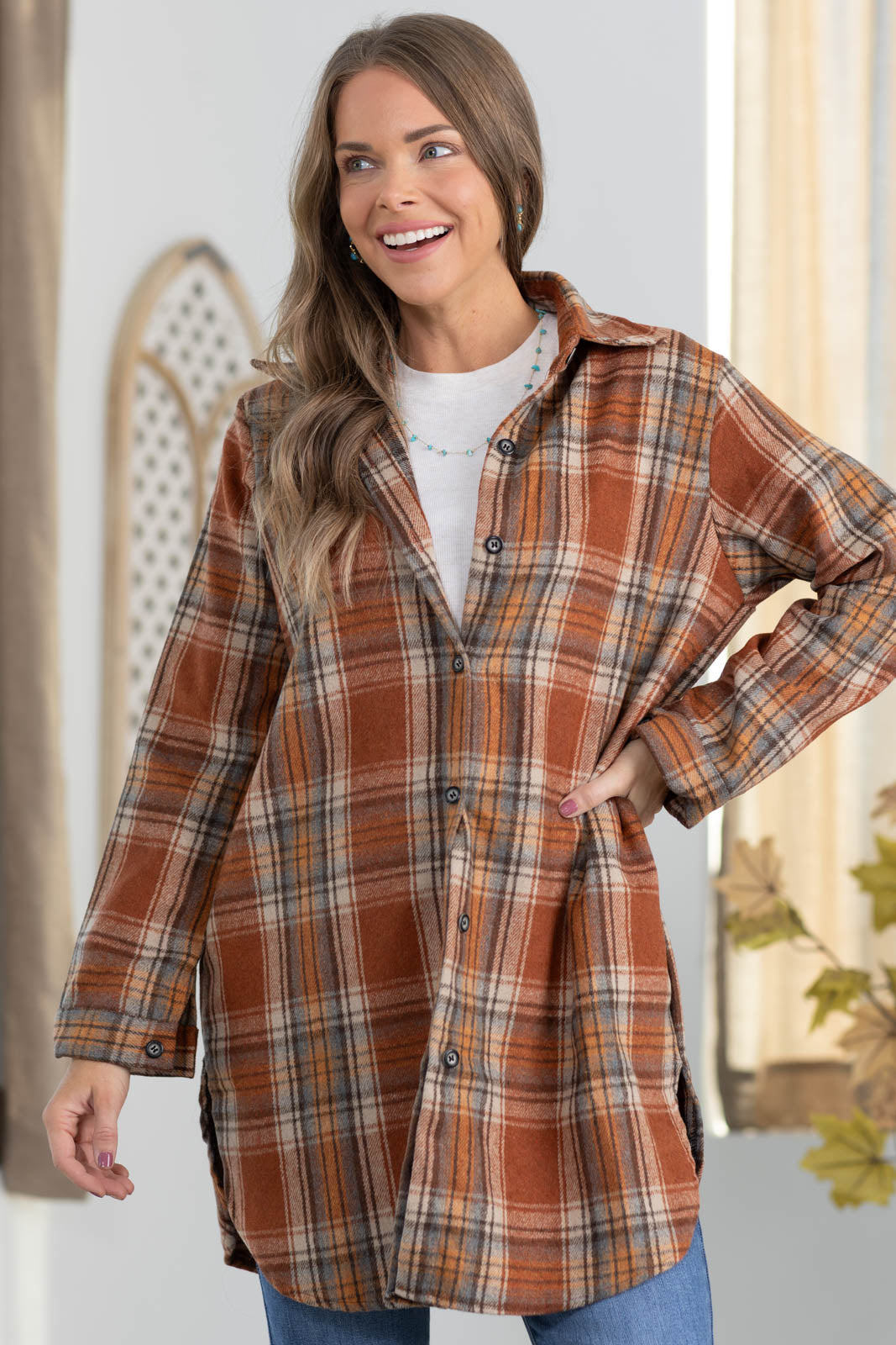 Long Plaid Button Down Flannel Top