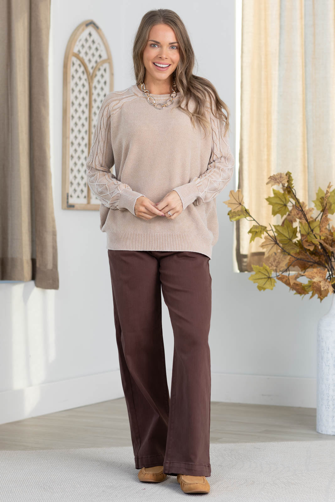 Risen Brown Adjustable Waist Wide Leg Jeans