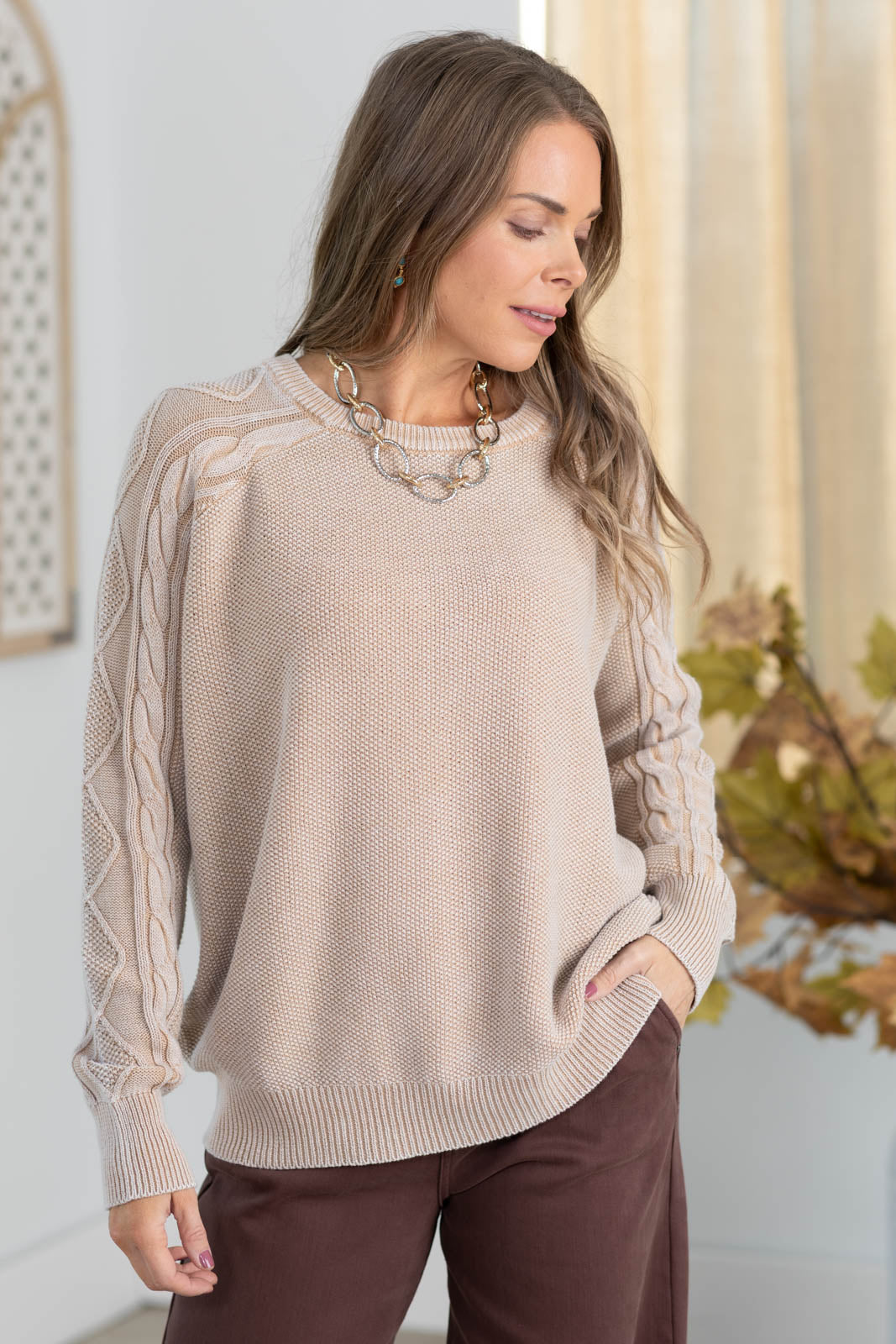Stone Washed Cable Sleeve Detail Sweater