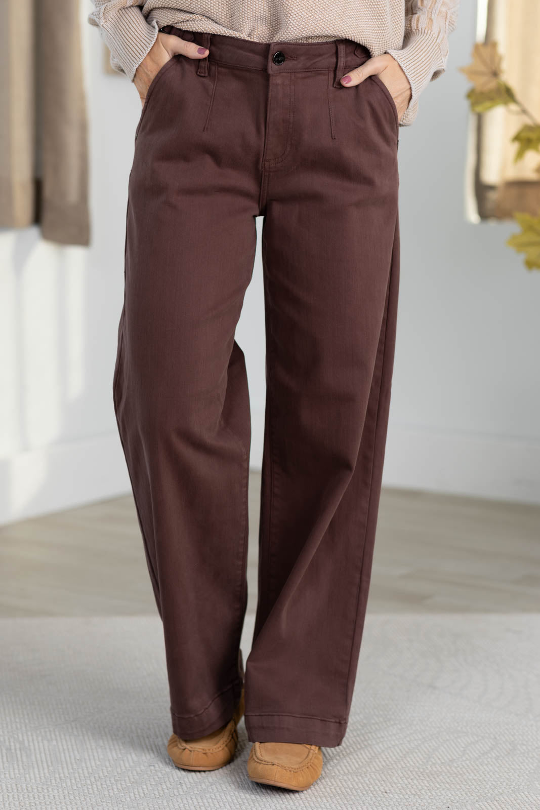 Risen Brown Adjustable Waist Wide Leg Jeans