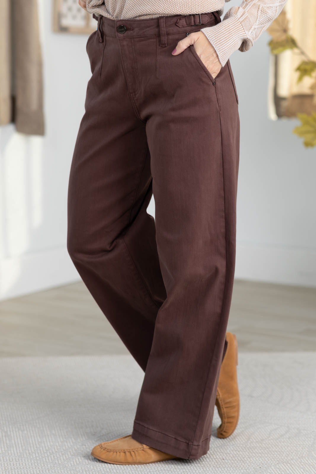Risen Brown Adjustable Waist Wide Leg Jeans