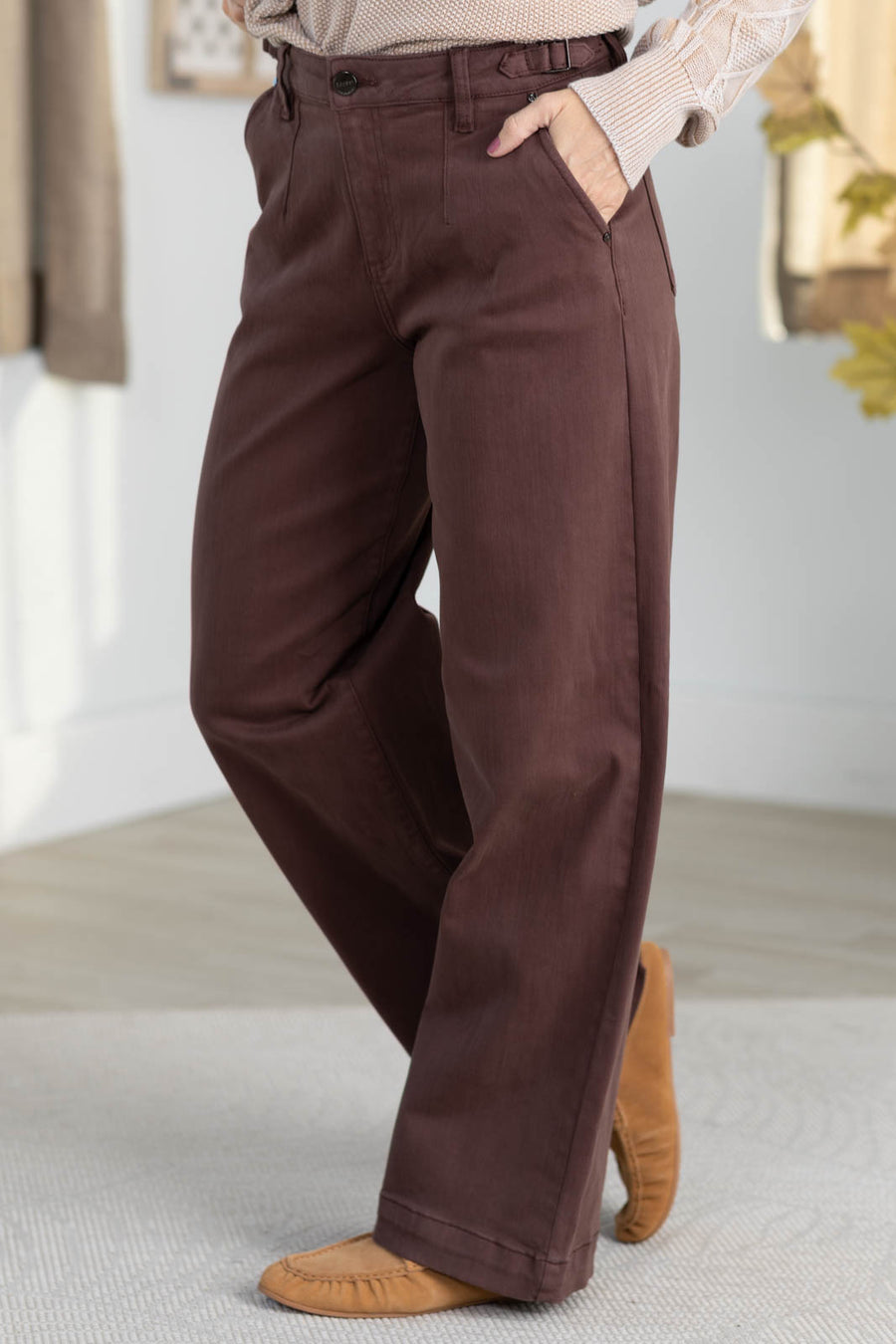 Risen Brown Adjustable Waist Wide Leg Jeans