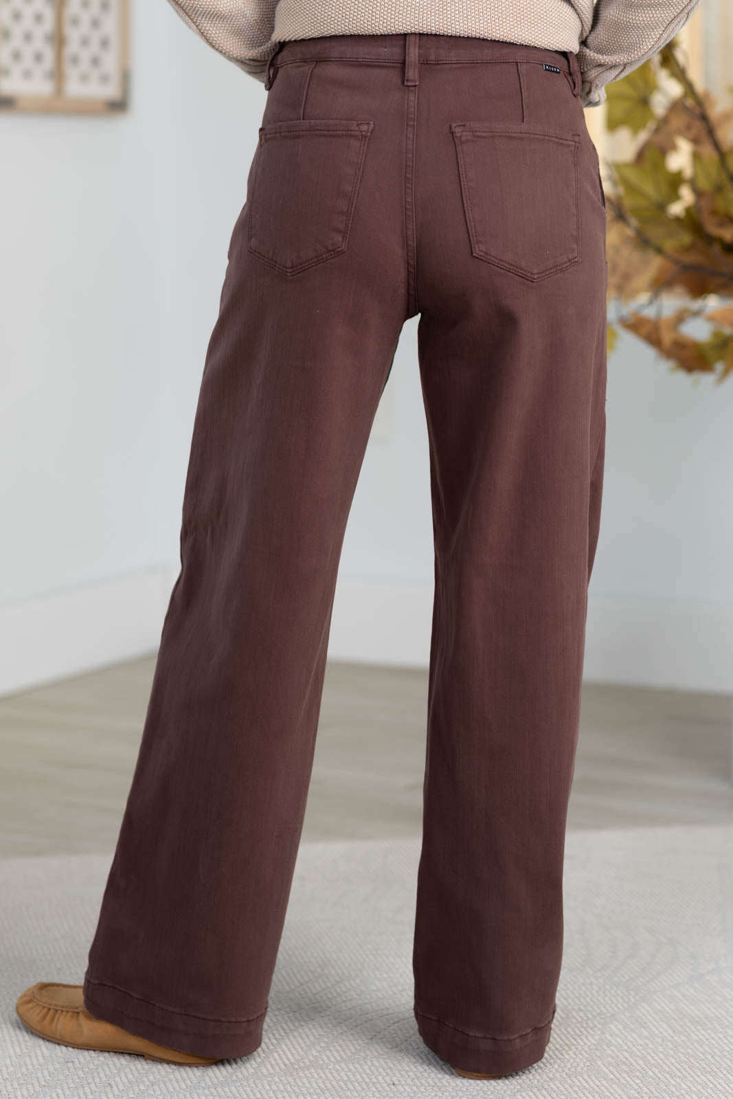 Risen Brown Adjustable Waist Wide Leg Jeans