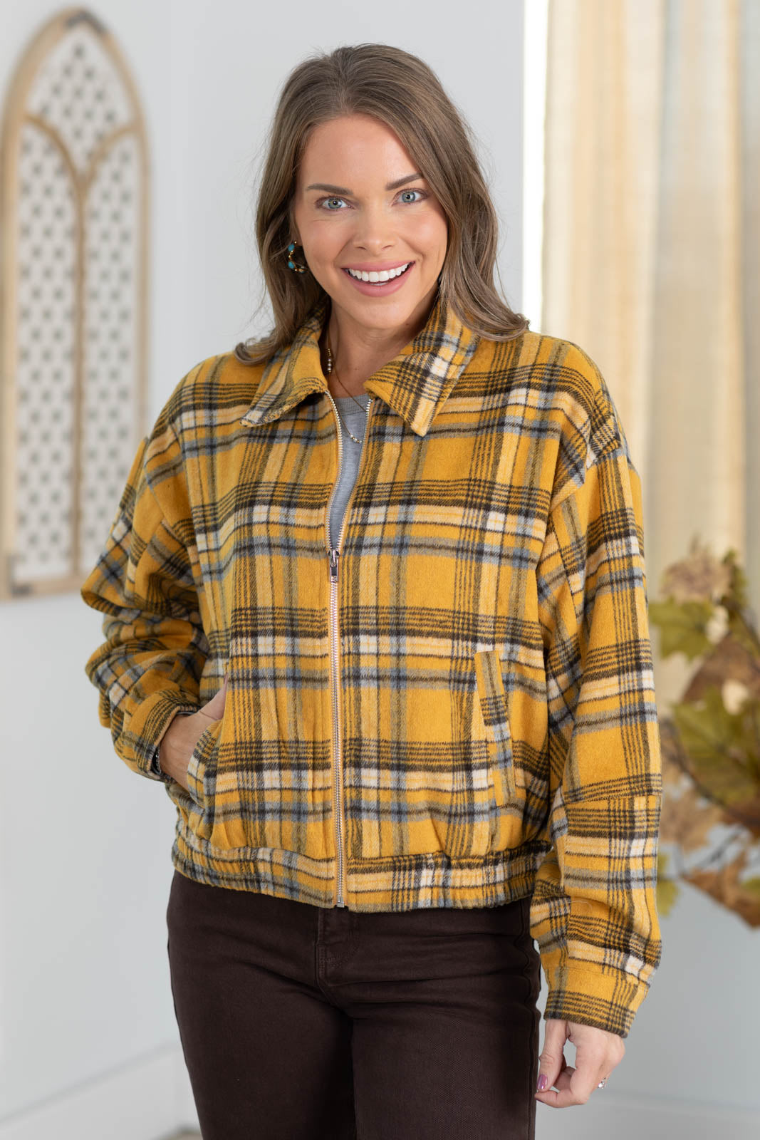 Brushed Plaid Collared Zip Up Jacket