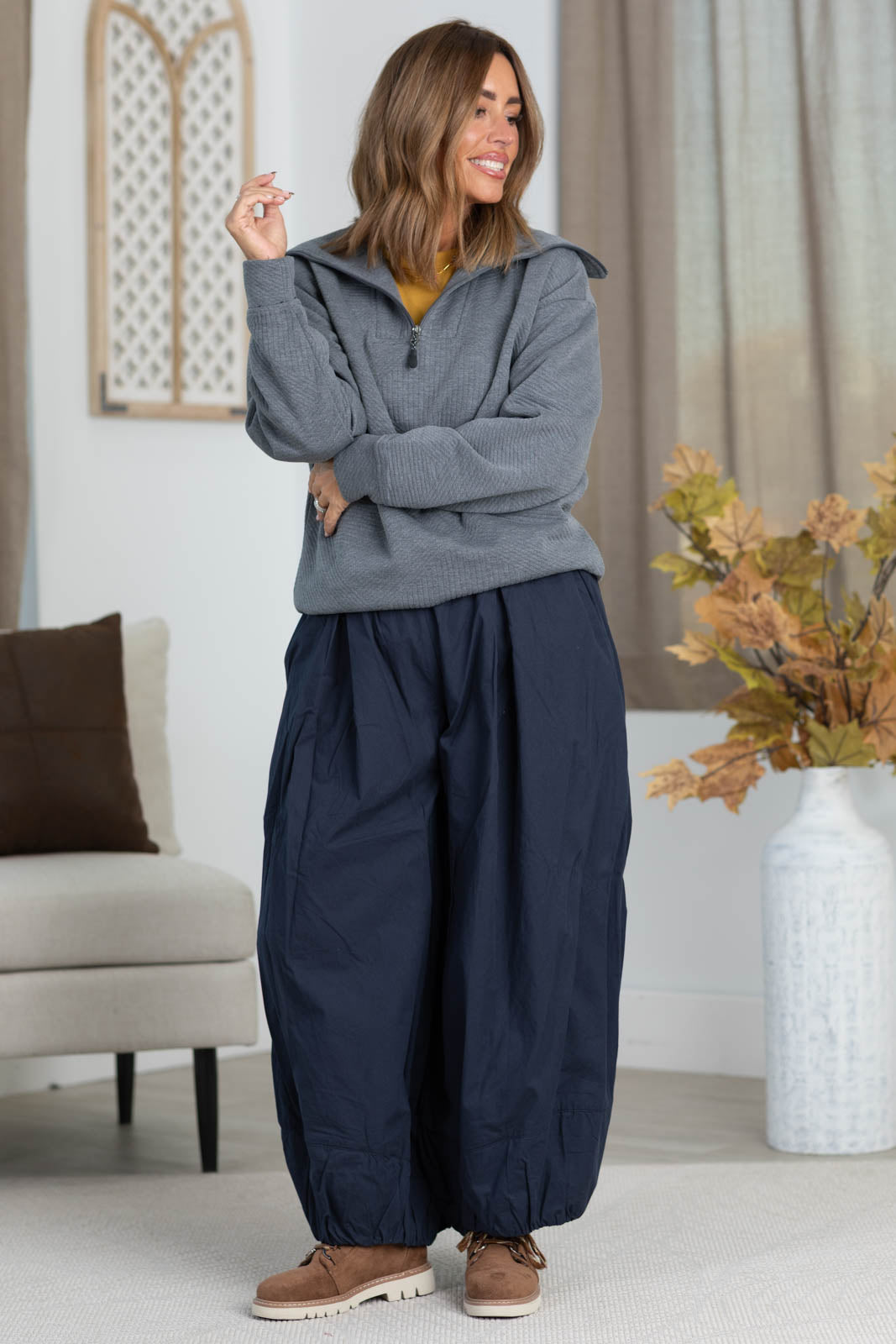 Quilted Quarter Zip Sweatshirt With Oversized Collar