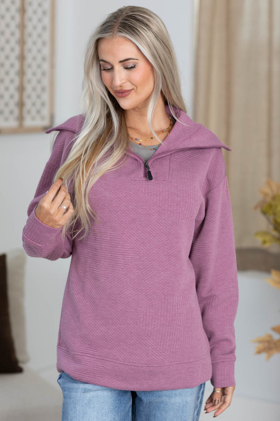 Quilted Quarter Zip Sweatshirt With Oversized Collar