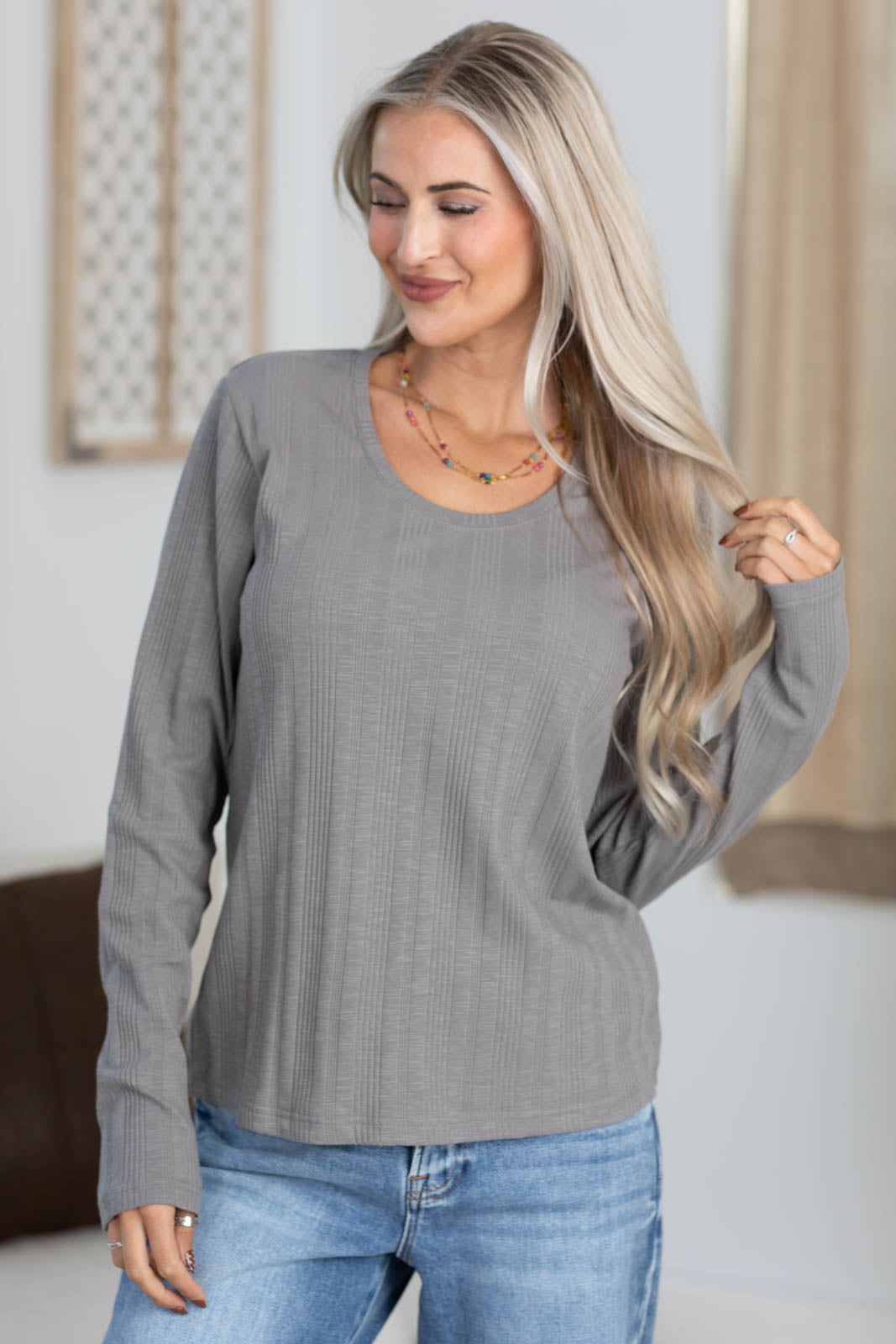 Scoop Neck Light Ribbed Long Sleeve Knit Top