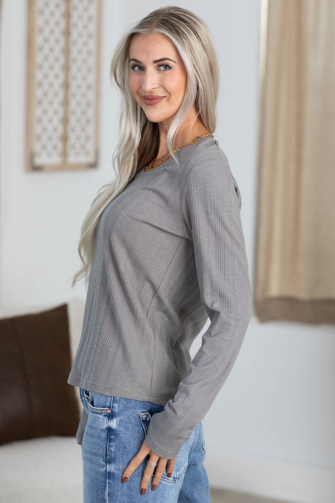Scoop Neck Light Ribbed Long Sleeve Knit Top