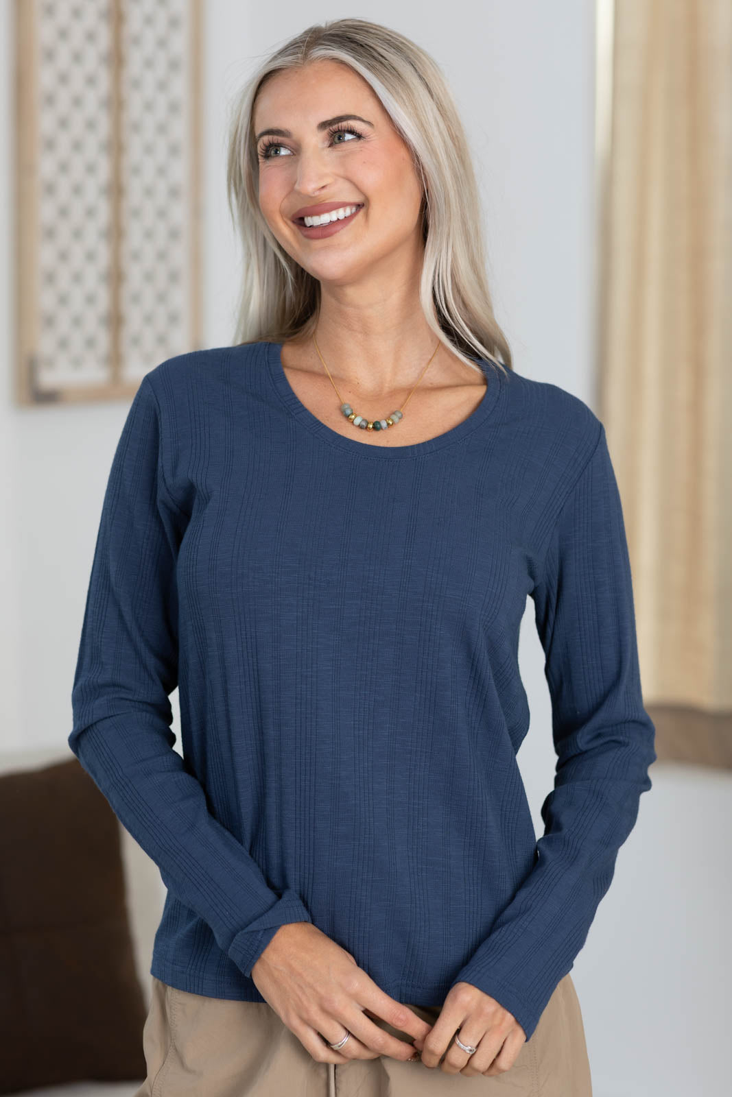 Scoop Neck Light Ribbed Long Sleeve Knit Top