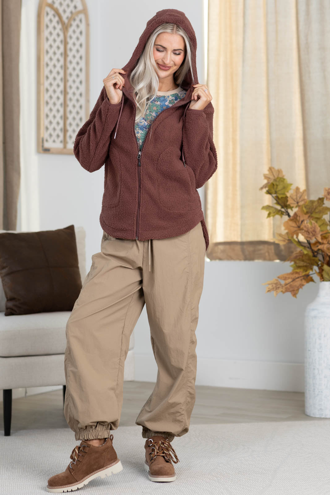 Plush Sherpa Full Zip Jacket With Hoodie