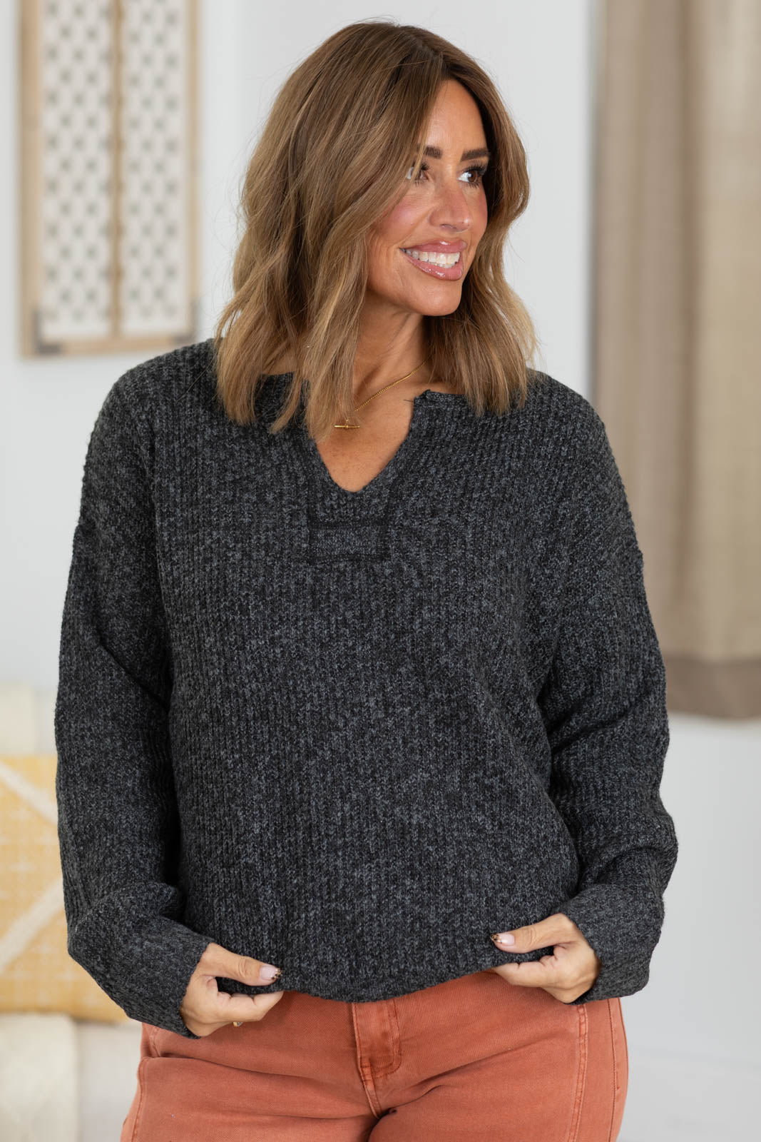Staccato Split V-Neck Ribbed Light Sweater