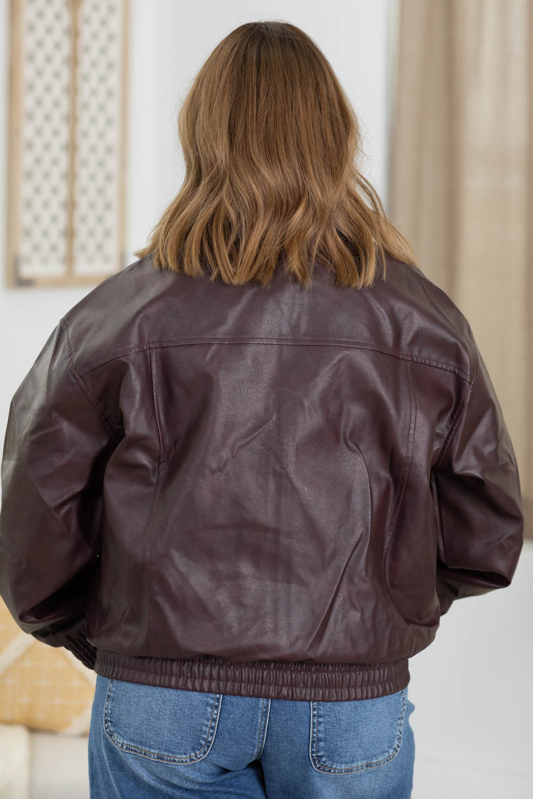 Burgundy Faux Leather Collared Zip-up Bomber Jacket