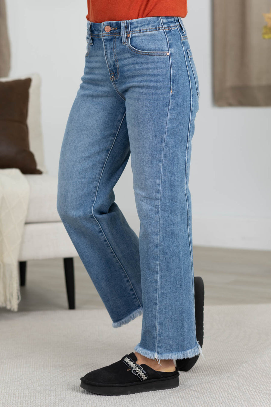 Risen Medium Wash Ankle Straight Jeans With Seam Detail