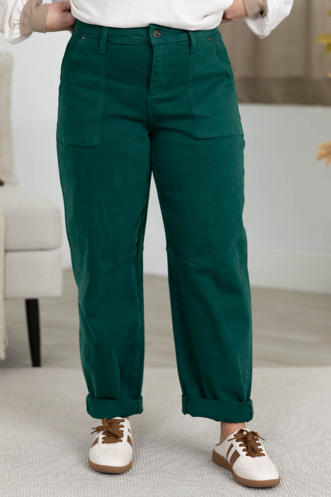 Risen Hunter Green High Rise Ankle Cuffed Barrel Pants