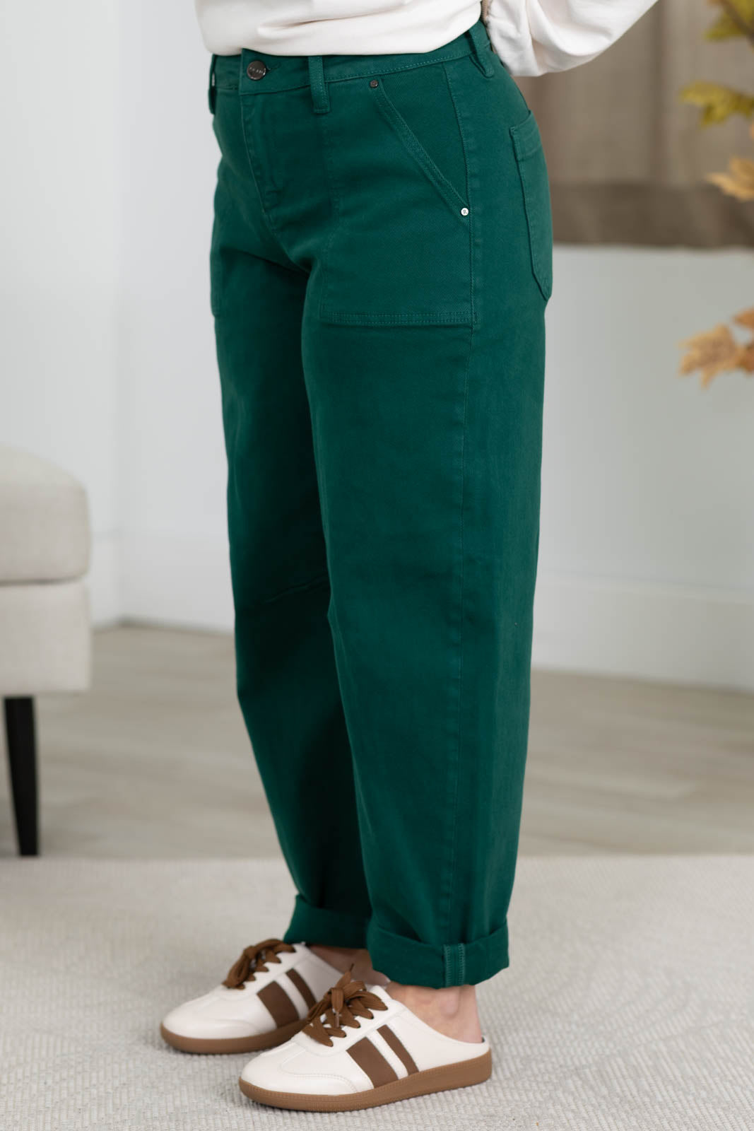 Risen Hunter Green High Rise Ankle Cuffed Barrel Pants