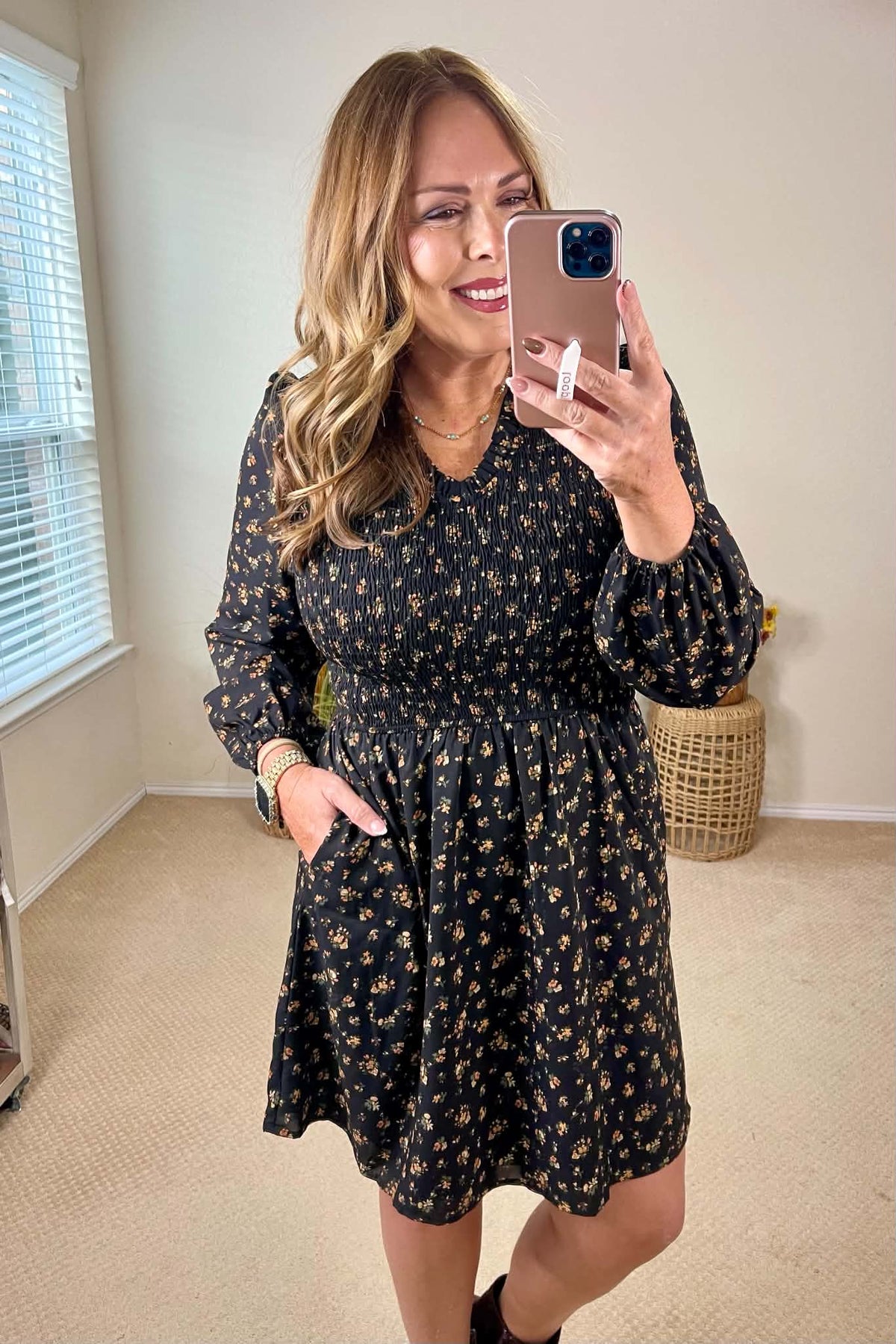 Staccato Floral Smocked Bodice V-Neck Dress