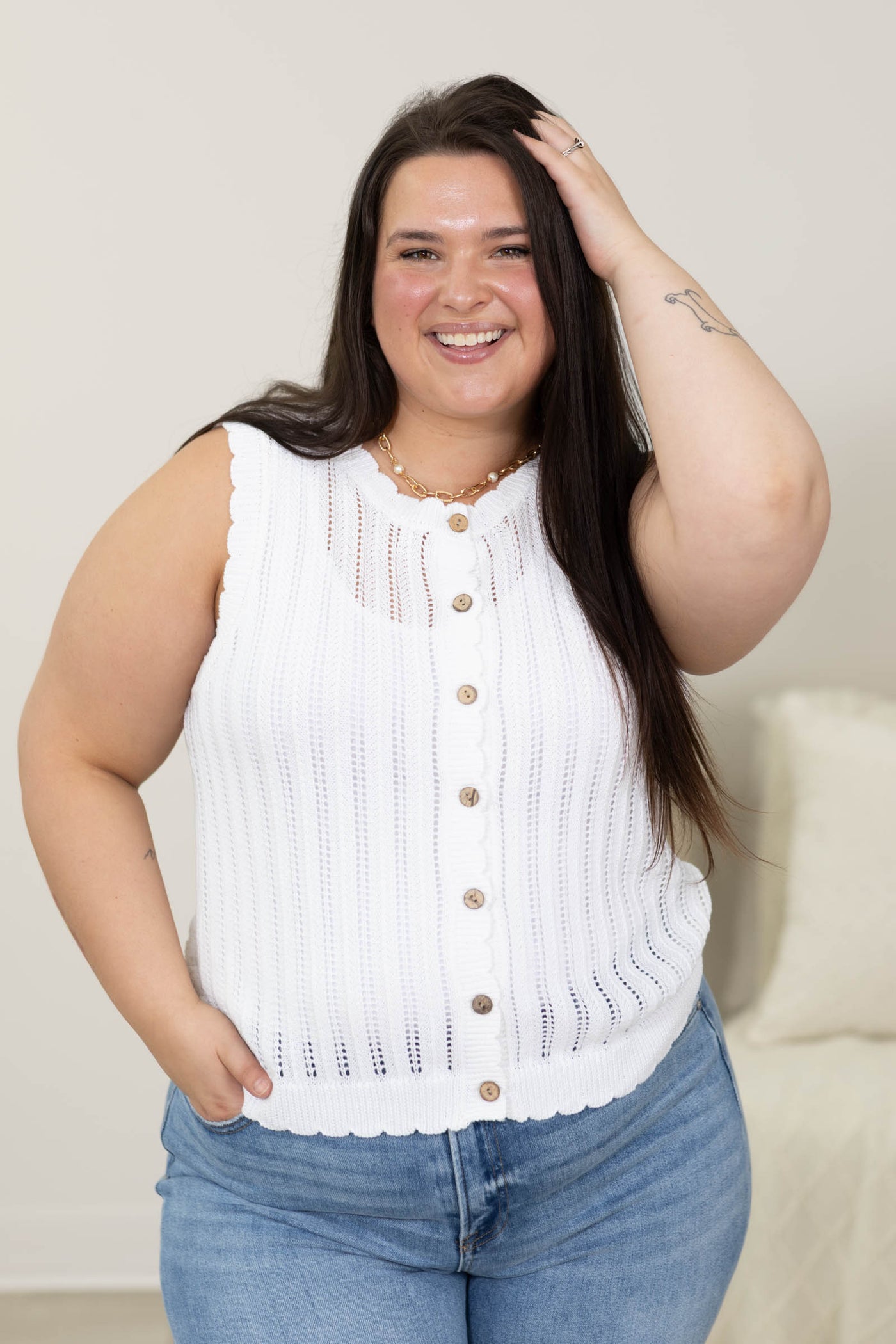 Sleeveless Scallop Hem Button Up Sweater Tops