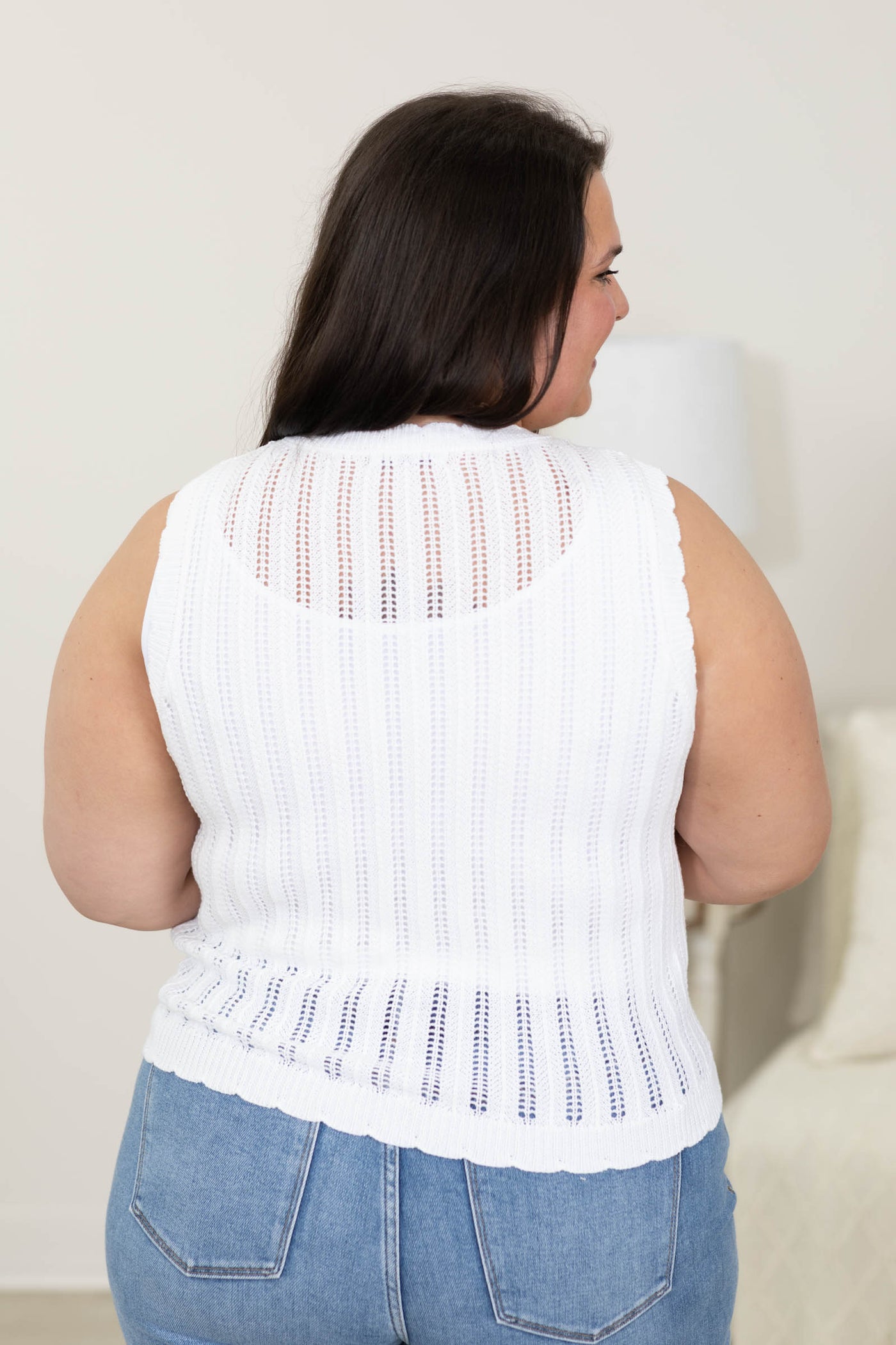 Sleeveless Scallop Hem Button Up Sweater Tops