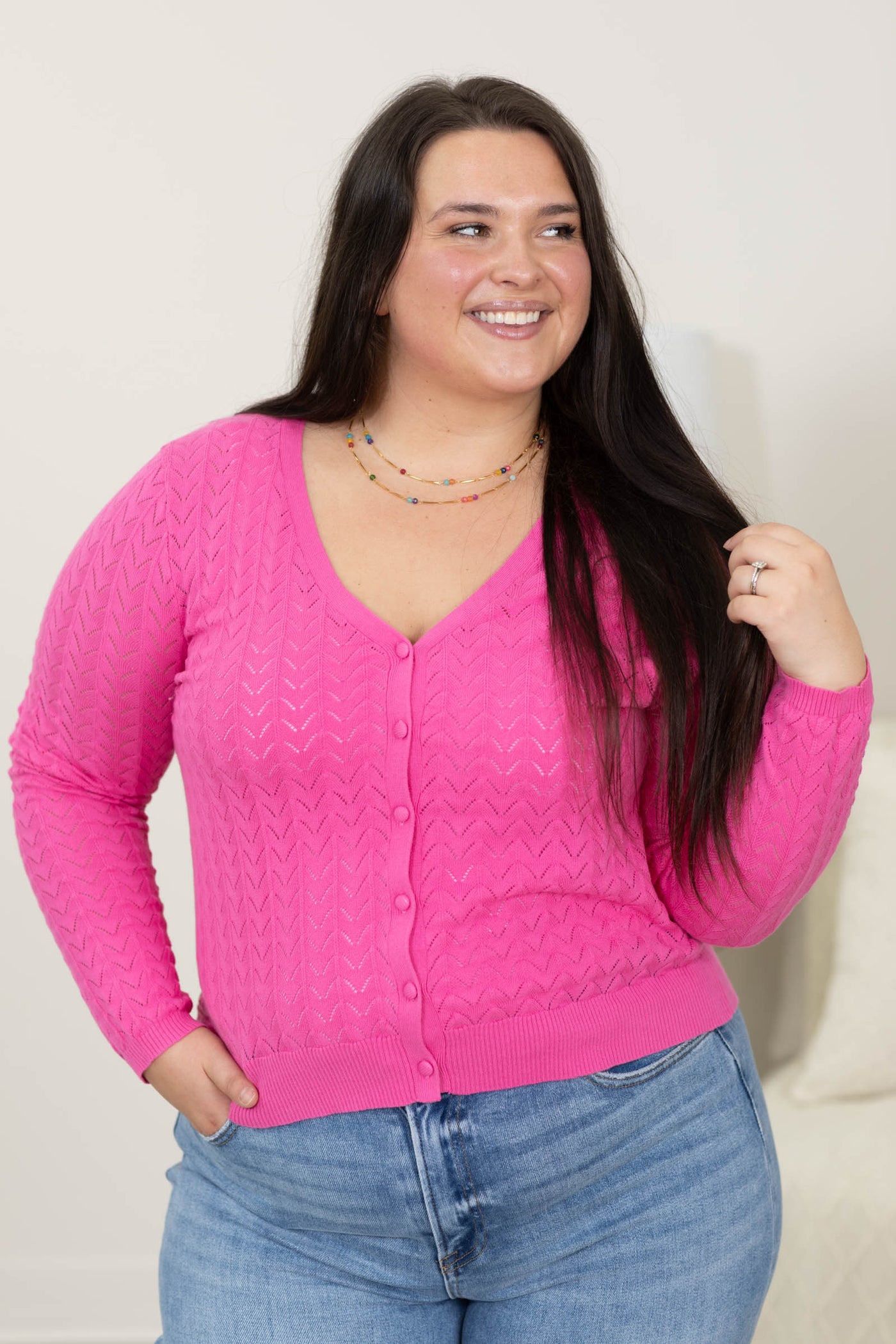 Staccato Pointelle V-Neck Button Cardigan