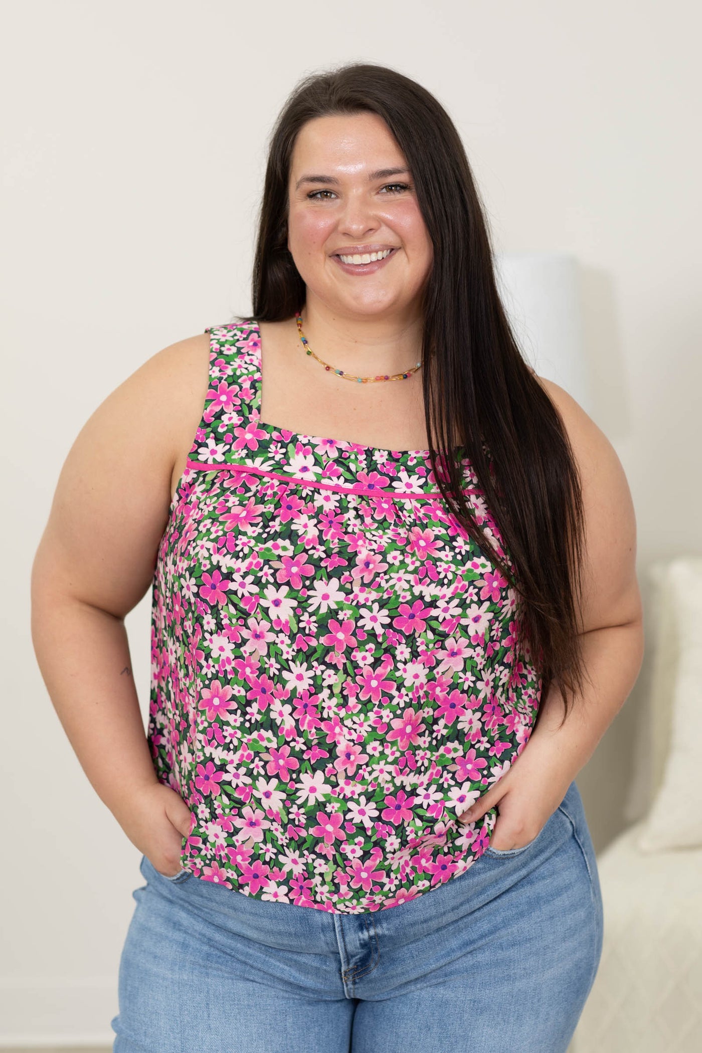Staccato Floral Square Neck Woven Tank