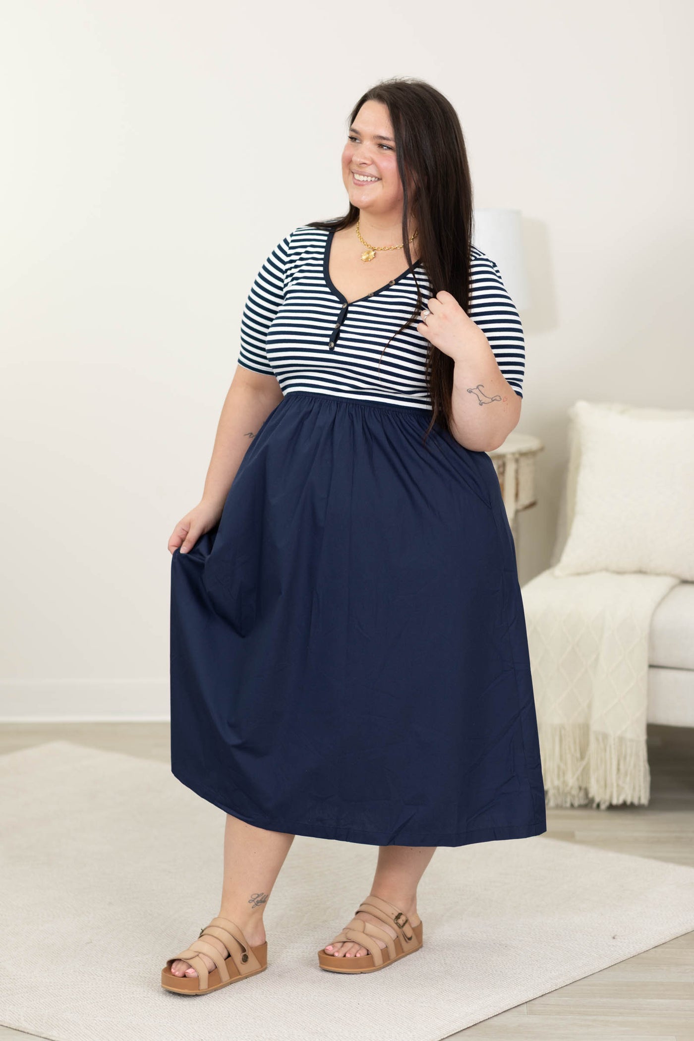 Navy Stripe And Solid Mixed Midi Dress