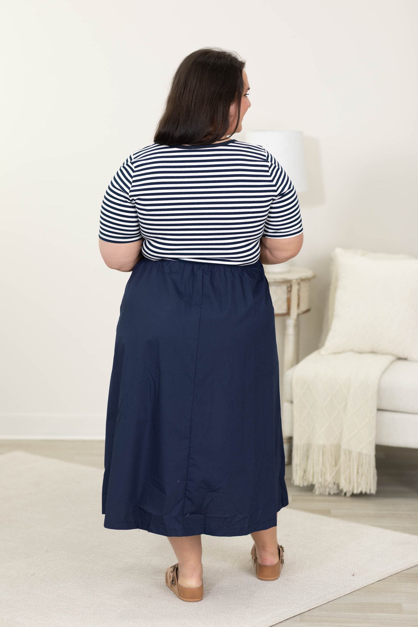 Navy Stripe And Solid Mixed Midi Dress