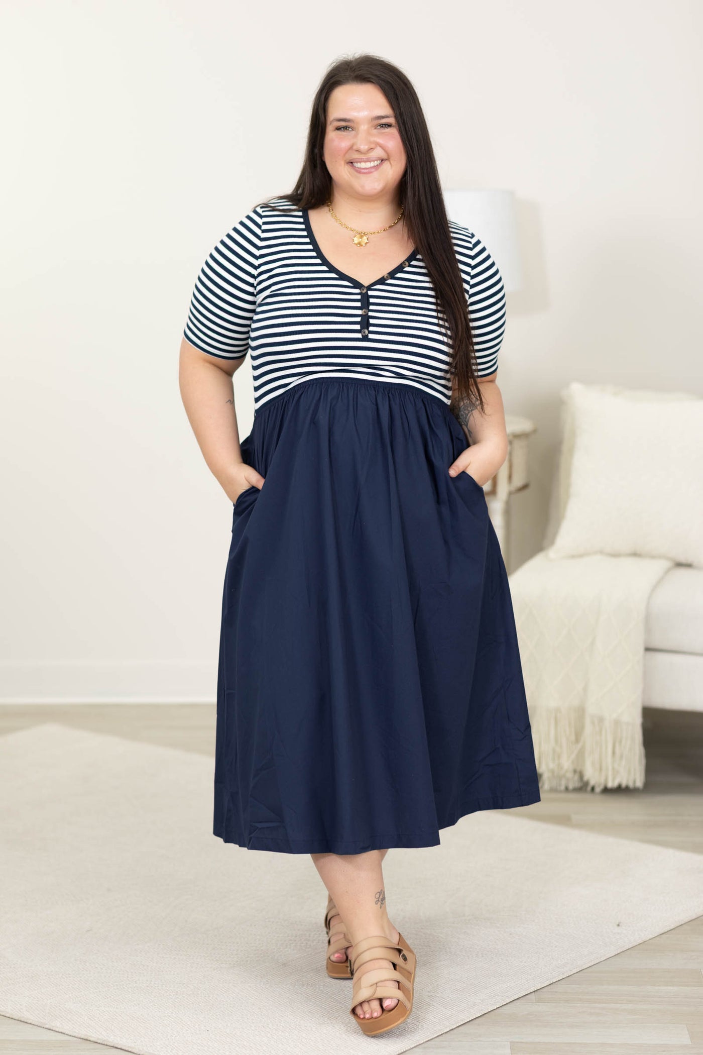 Navy Stripe And Solid Mixed Midi Dress
