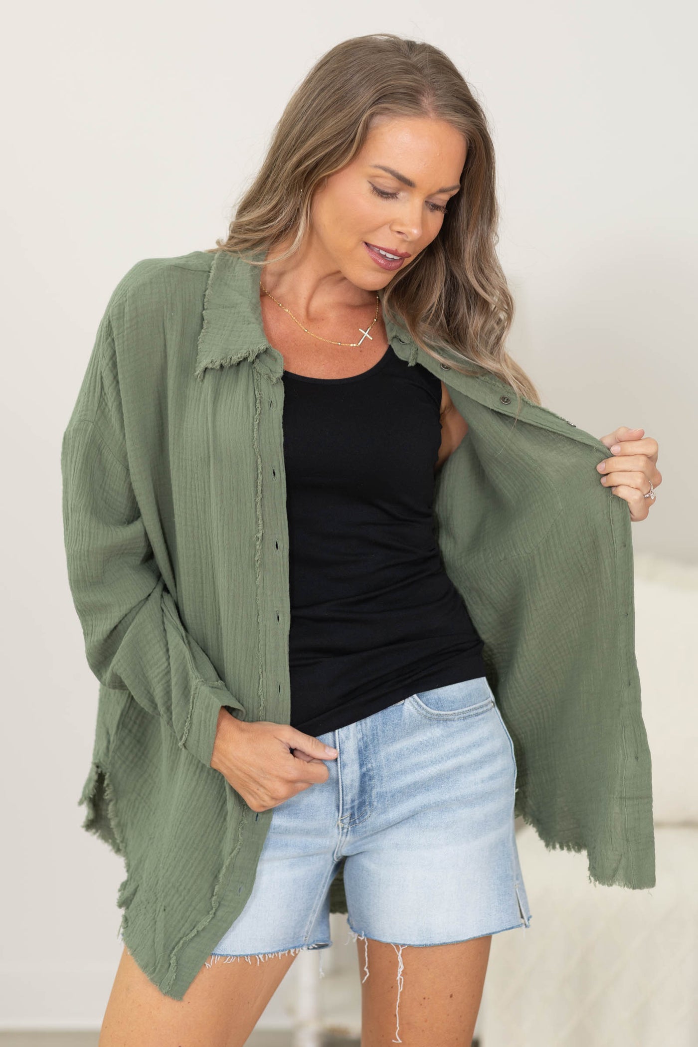 Gauze Button Up Fray Hem Tops