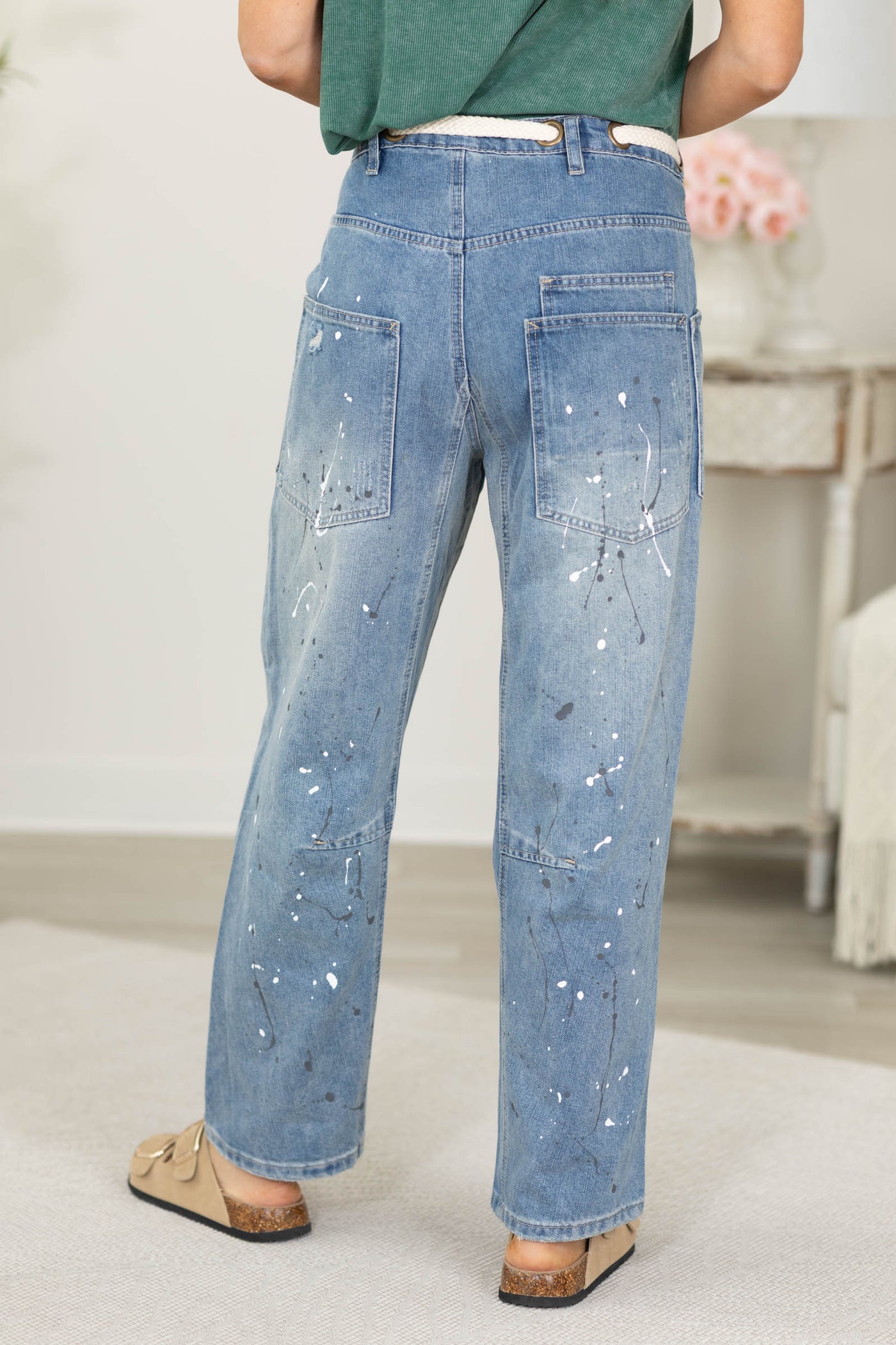 Denim Washed Vintage Painted Rope String Jeans