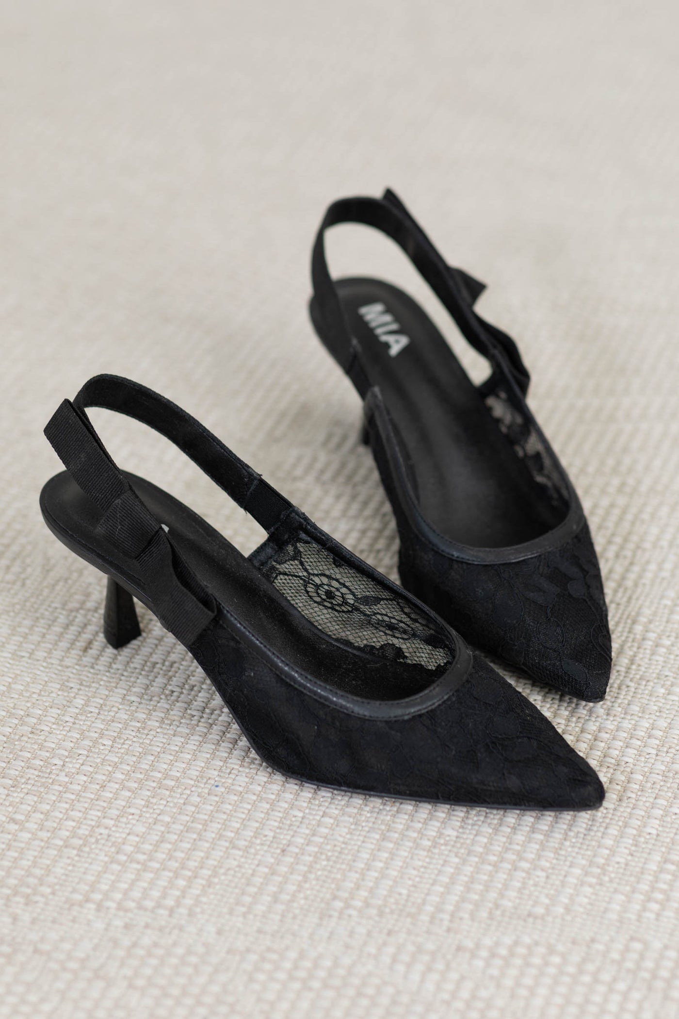 MIA Black Lace Pointed Toe Slingback Heel