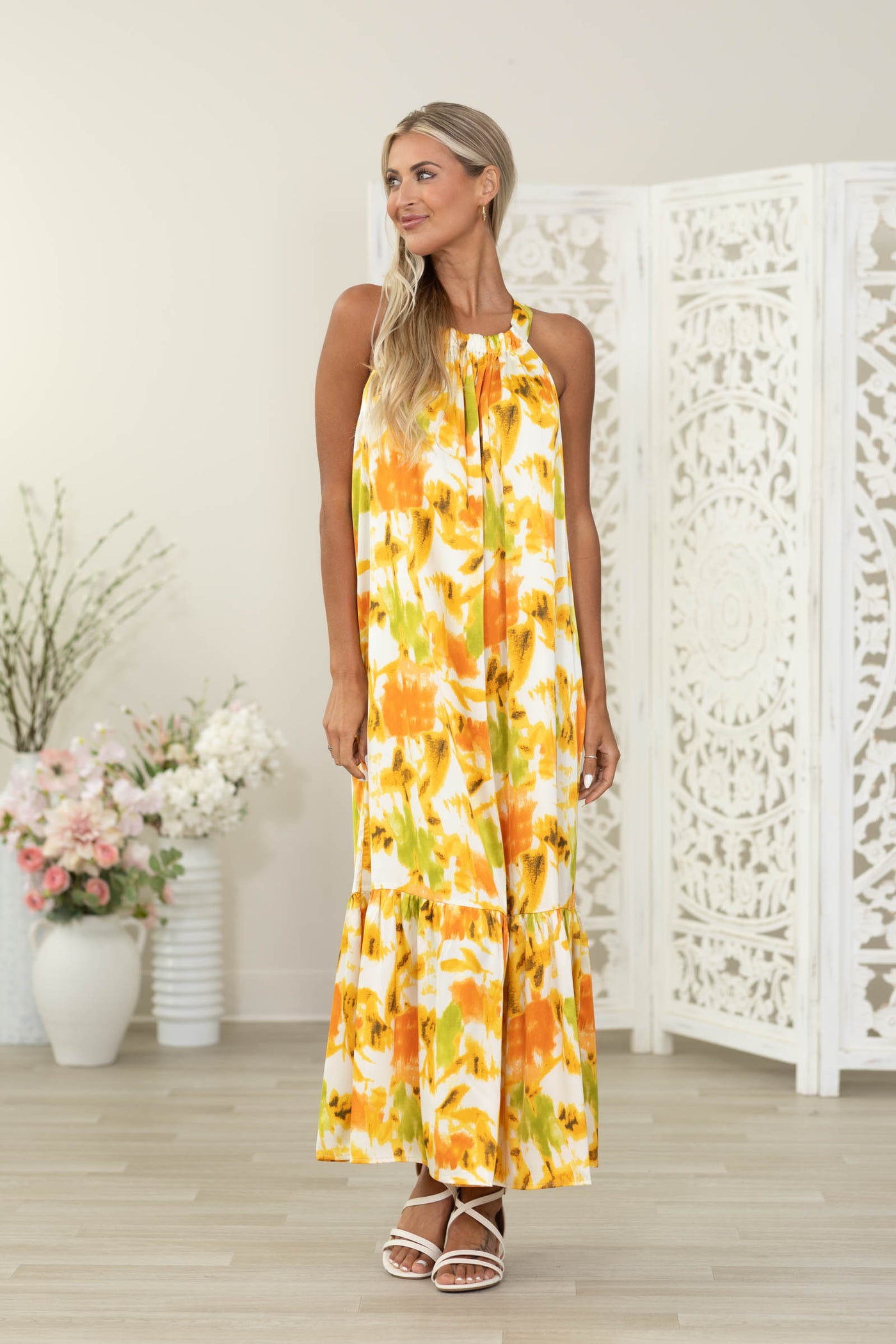 marigold dress Marigold Watercolor Print Halter Maxi Dress