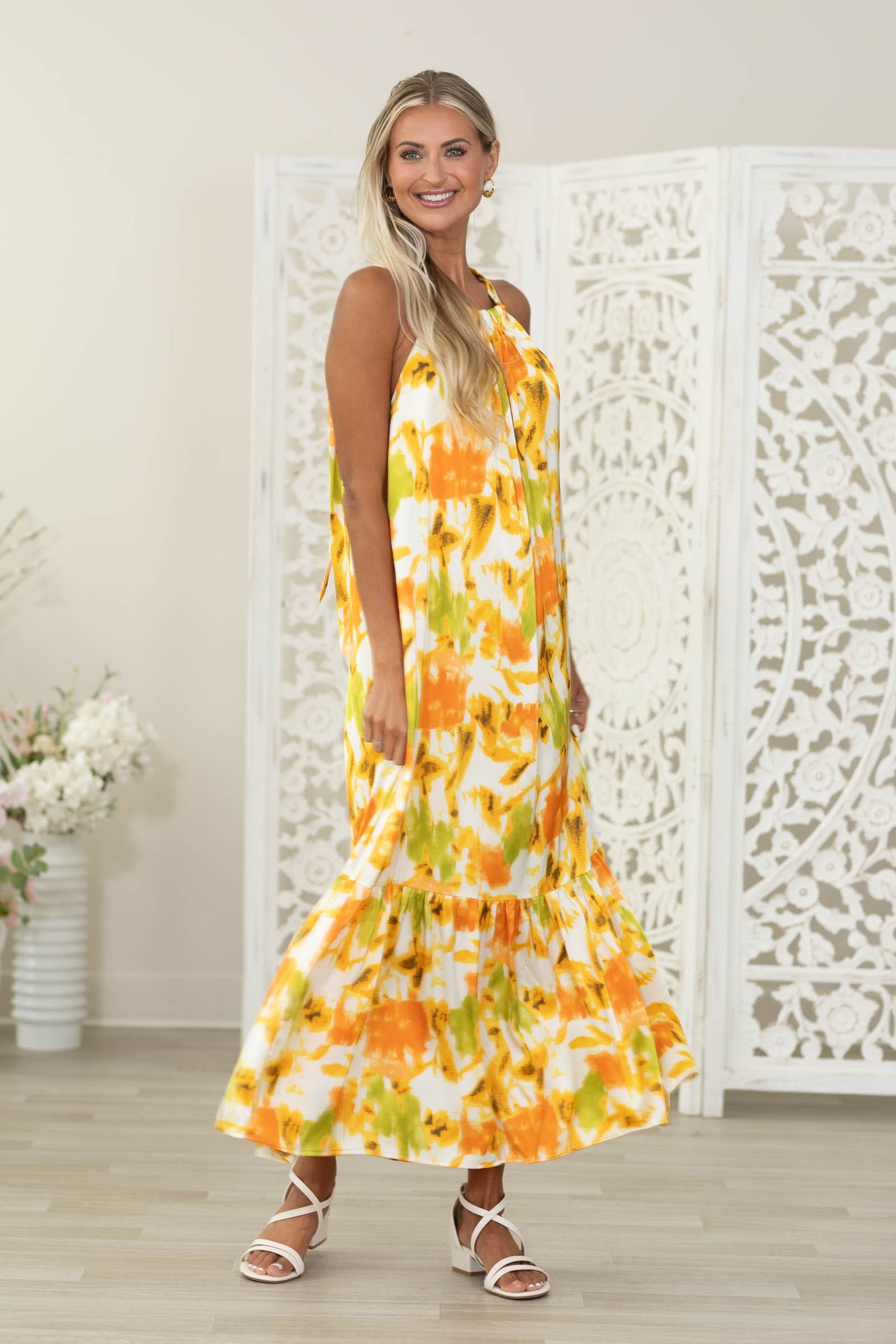 Marigold Watercolor Print Halter Maxi Dress