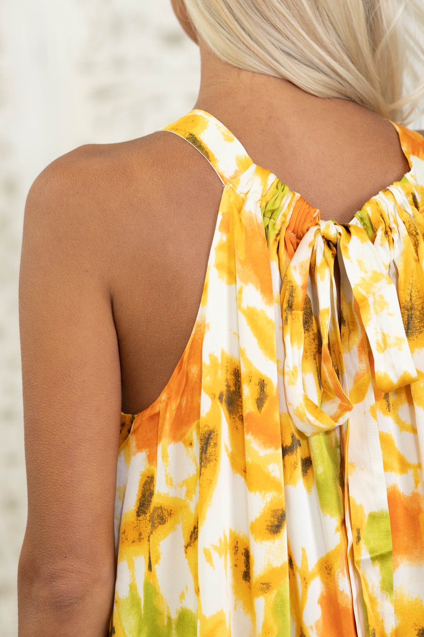Marigold Watercolor Print Halter Maxi Dress