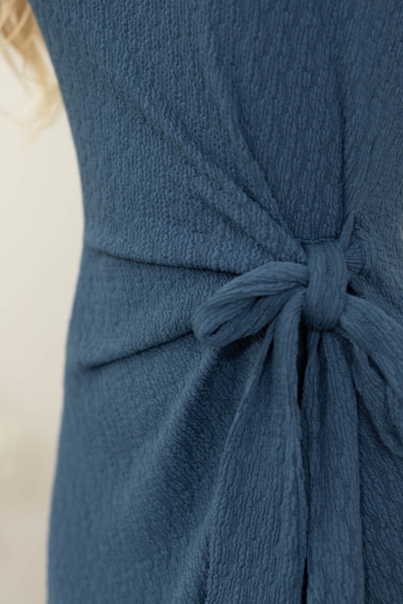 Navy Side Tie Textured Midi Dress