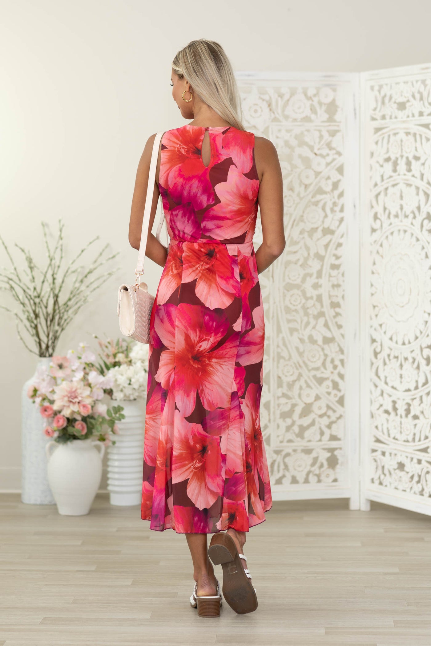 Pink Floral Ruched Waist Gusset Midi Dress