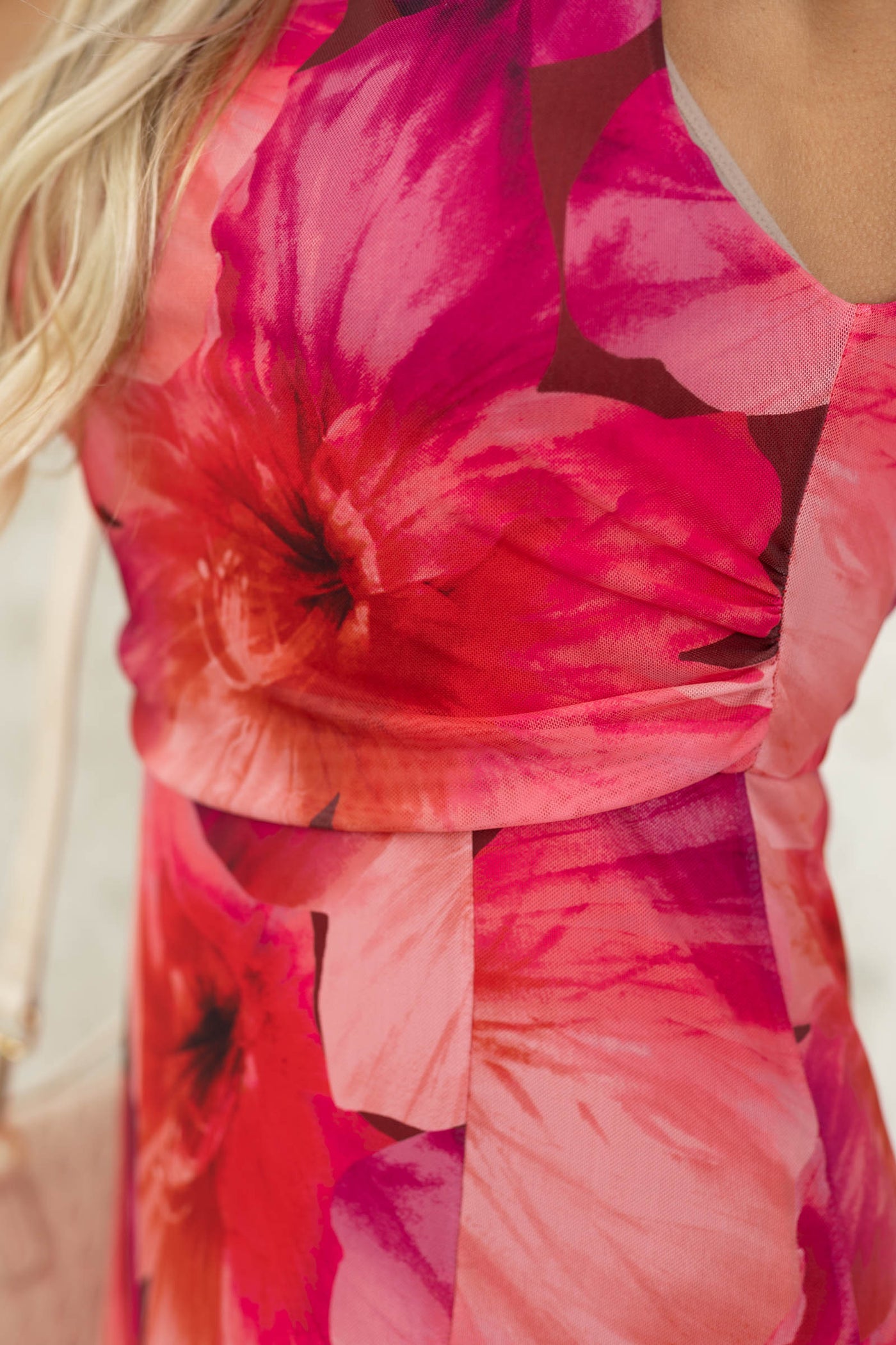Pink Floral Ruched Waist Gusset Midi Dress