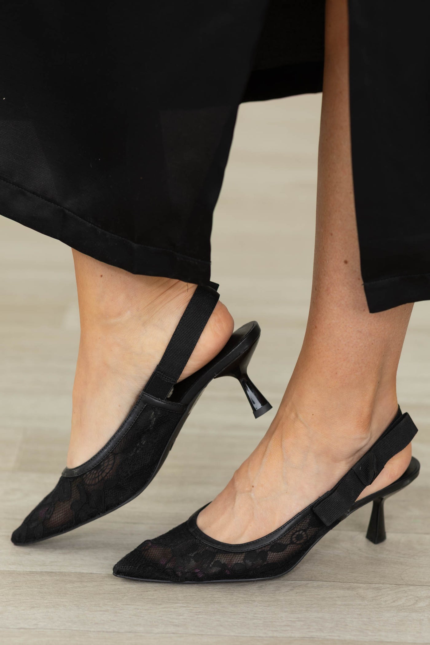 MIA Black Lace Pointed Toe Slingback Heel