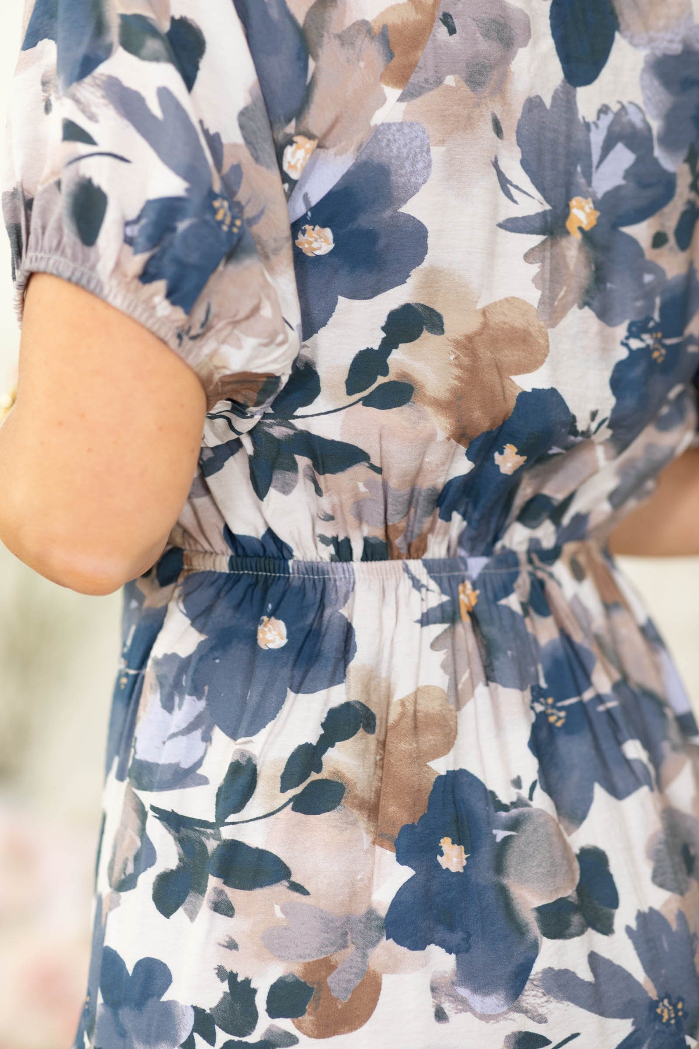 Off White And Navy Front Tie Elastic Back Floral Dress