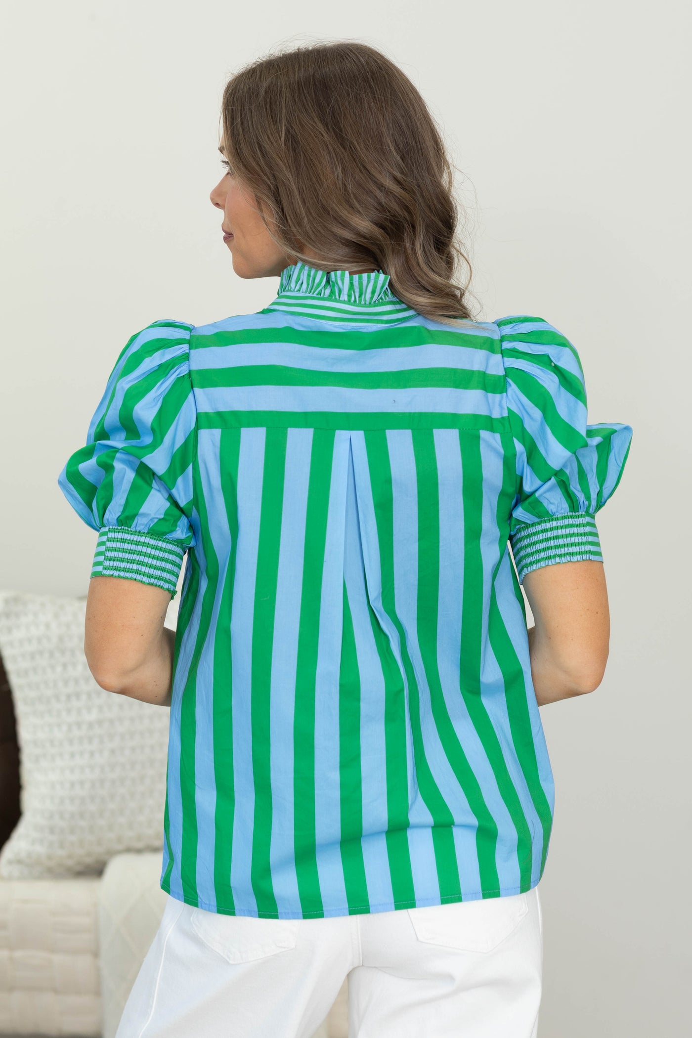 Green And Sky Blue Stripe Button Up Top- 100% Cotton