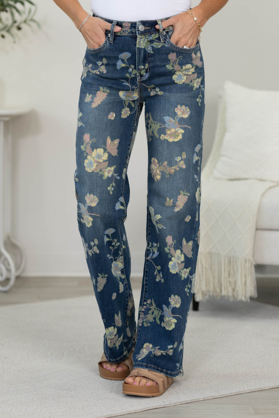 Mica Floral Blue High Rise Wide Leg Jeans