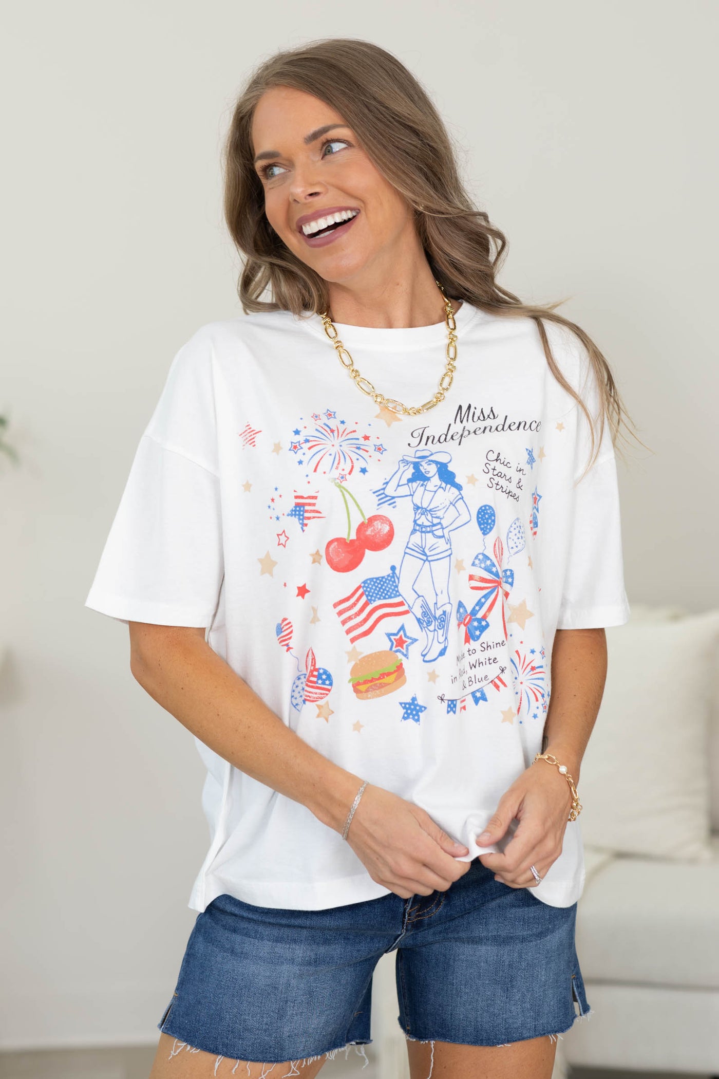 White Miss Independence Graphic Knit Top