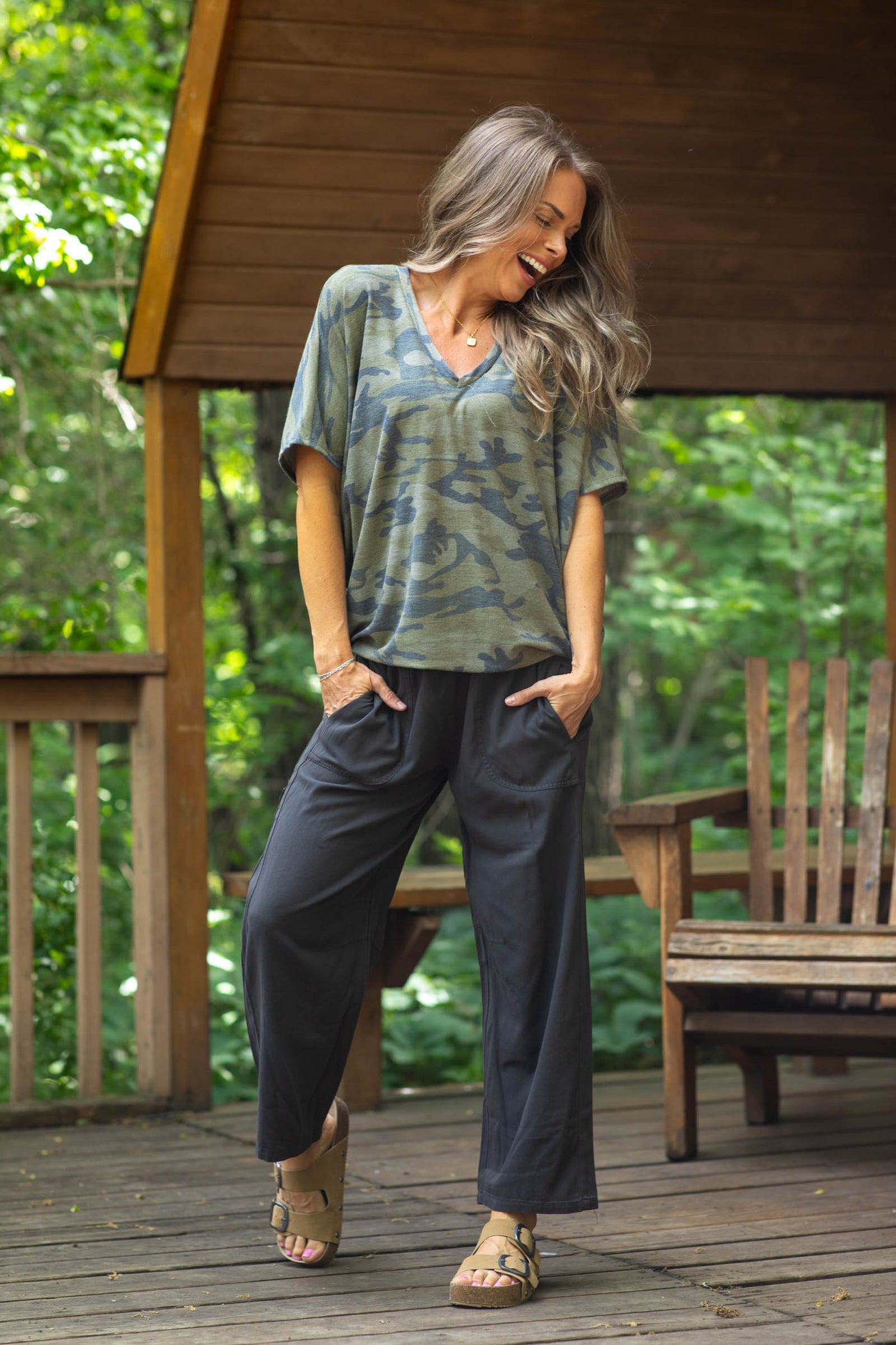 Olive Camo V-Neck Short Sleeve Knit Top