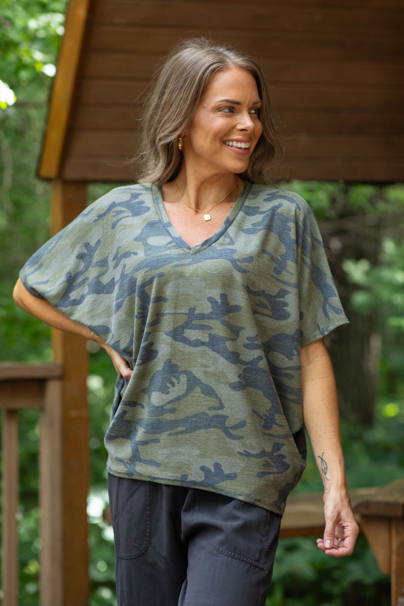 Olive Camo V-Neck Short Sleeve Knit Top