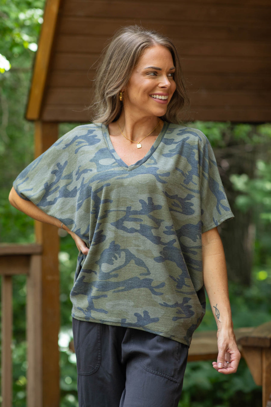 Olive Camo V-Neck Short Sleeve Knit Top
