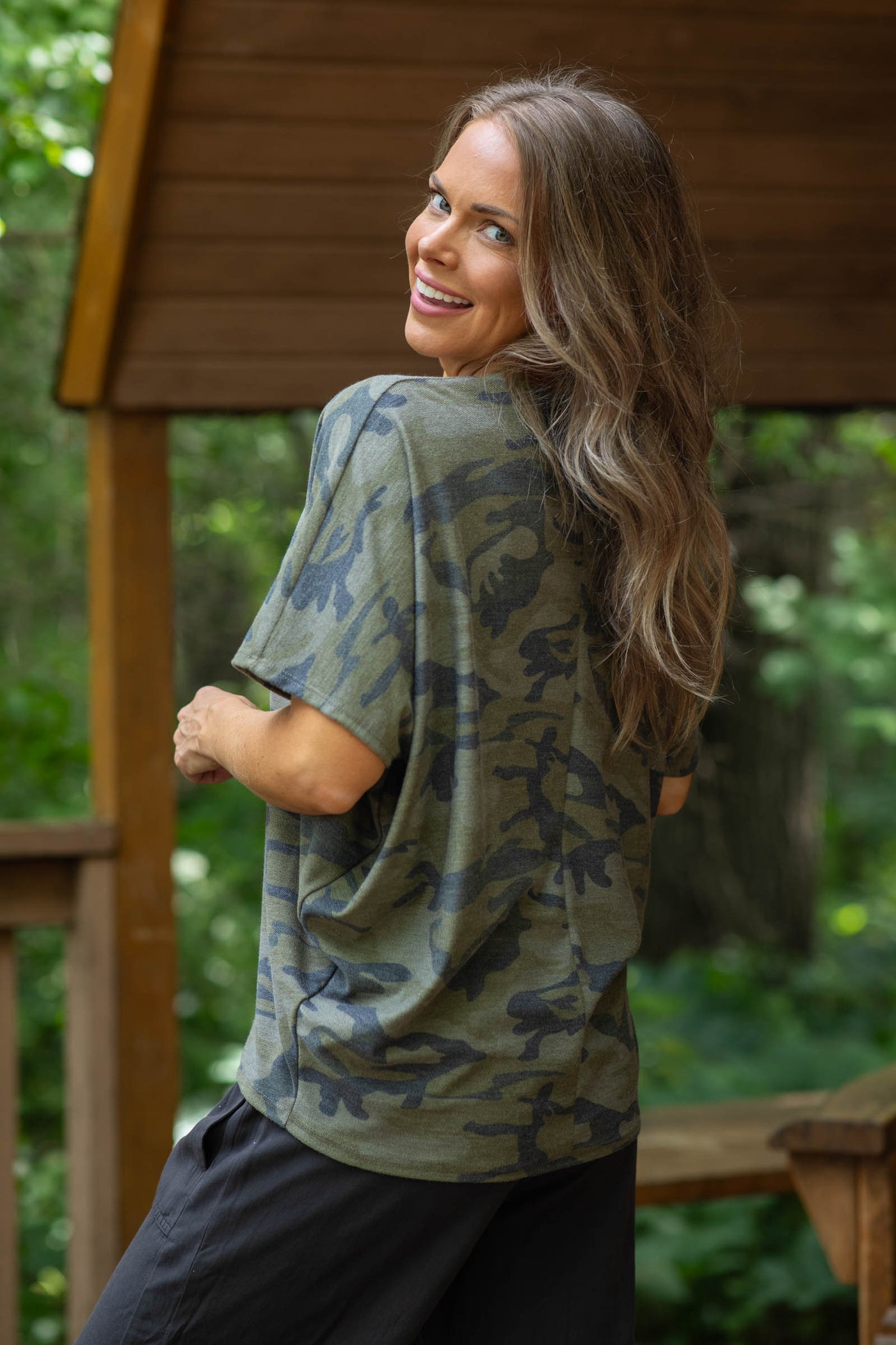 Olive Camo V-Neck Short Sleeve Knit Top