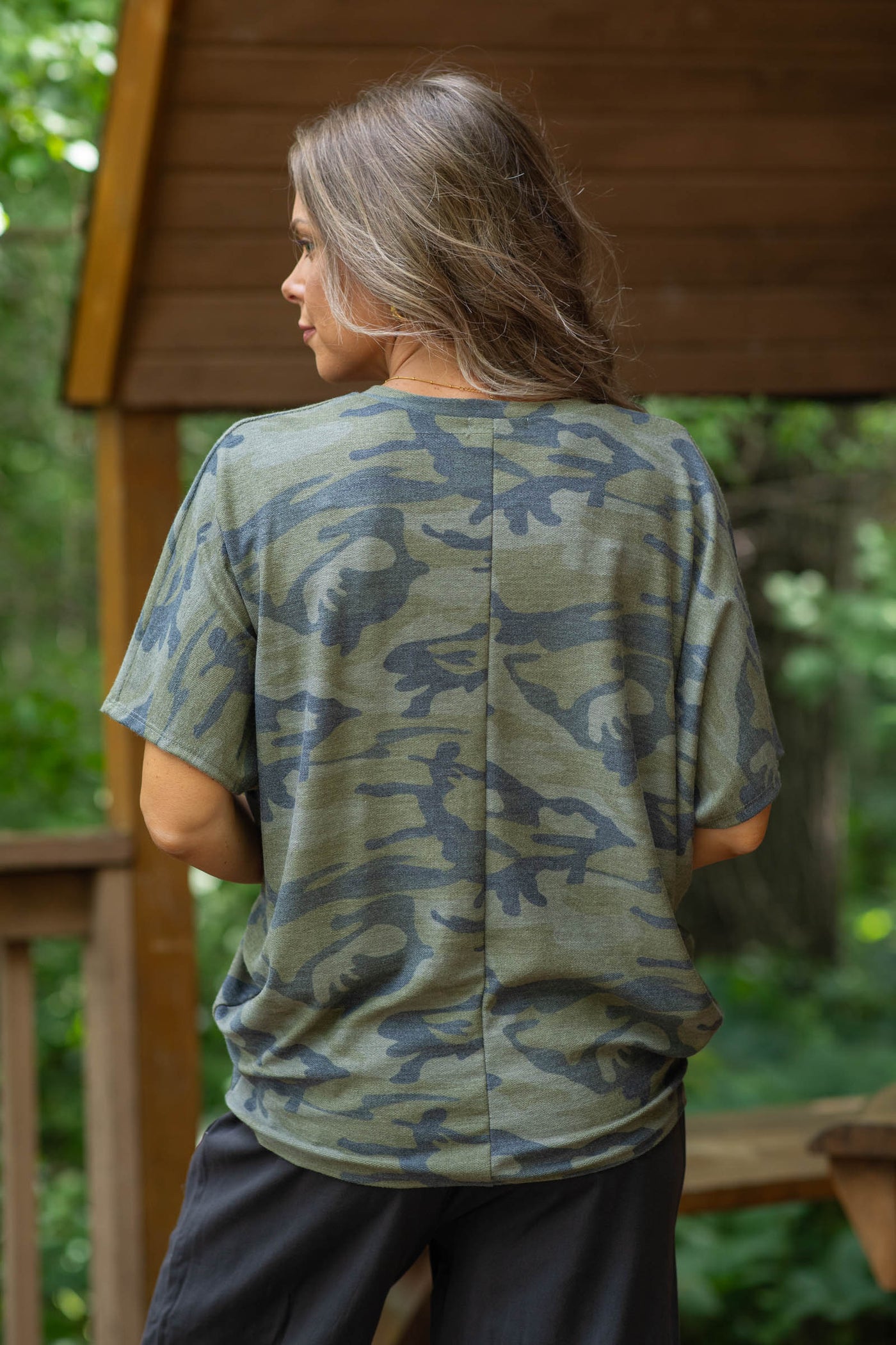 Olive Camo V-Neck Short Sleeve Knit Top