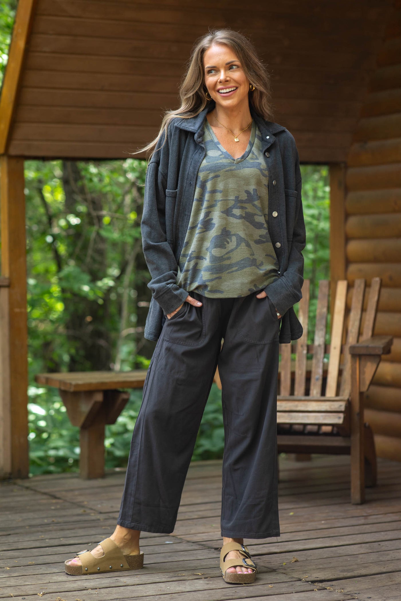 Olive Camo V-Neck Short Sleeve Knit Top
