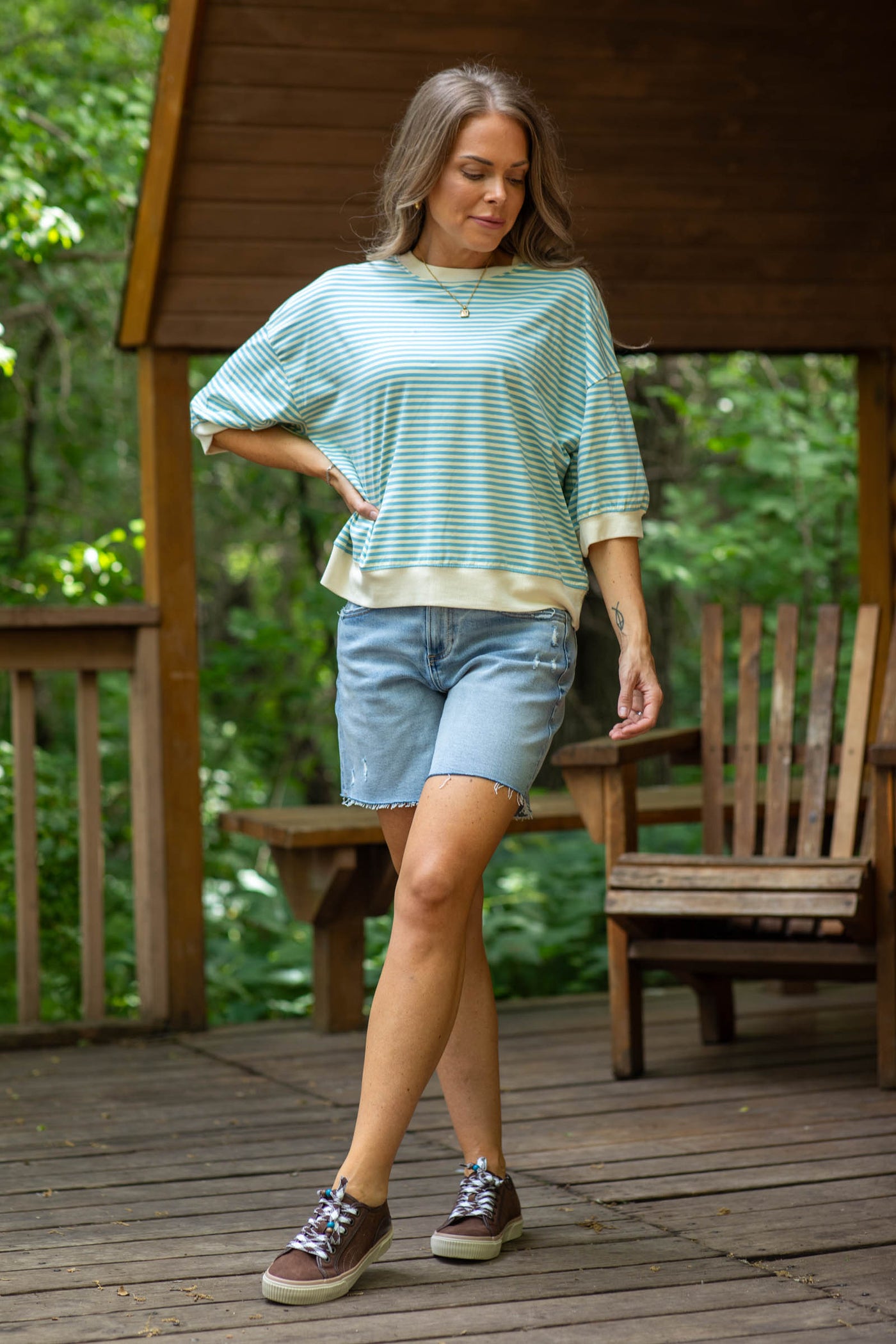 Crewneck Stripe Short Sleeve Knit Tops