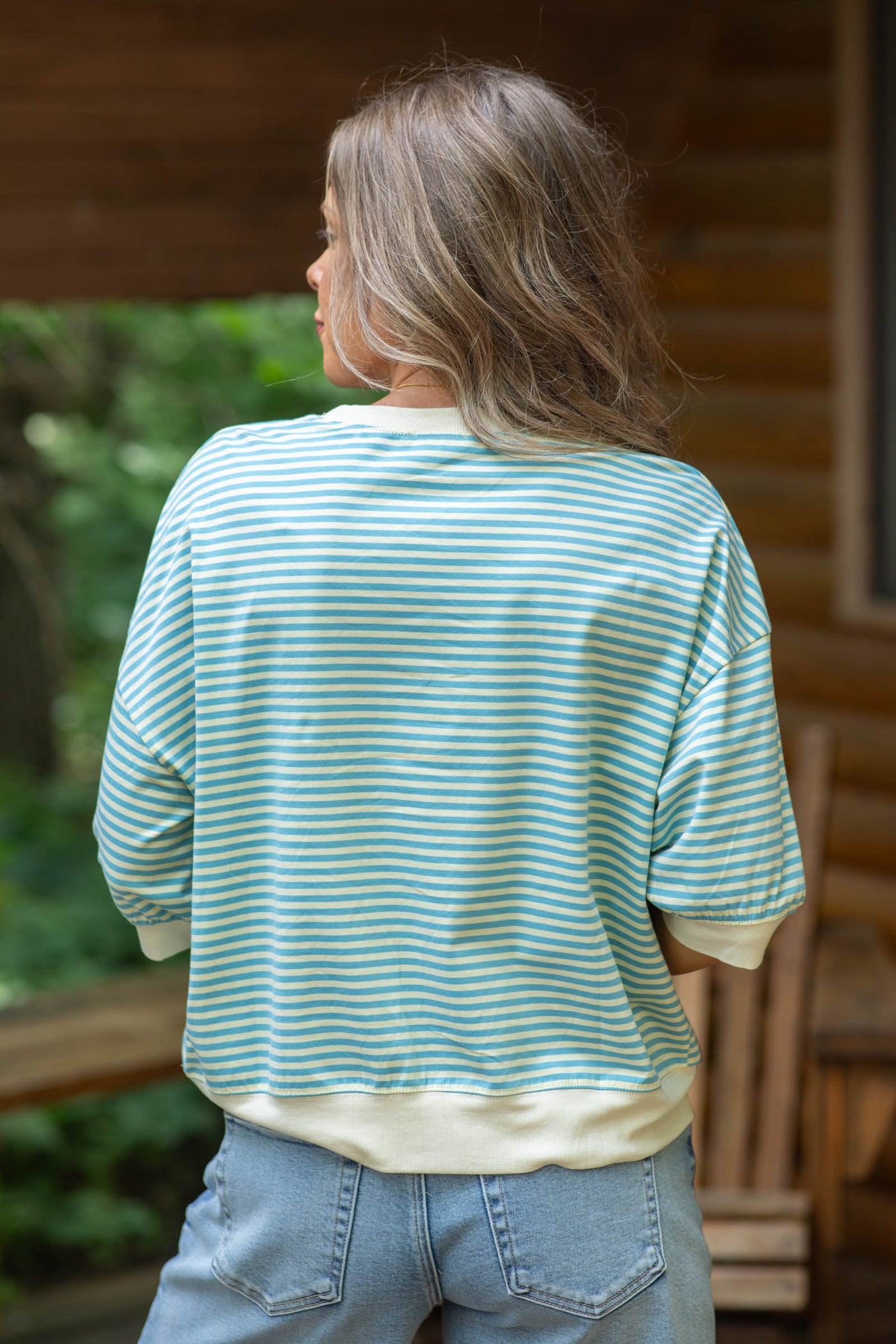 Crewneck Stripe Short Sleeve Knit Tops